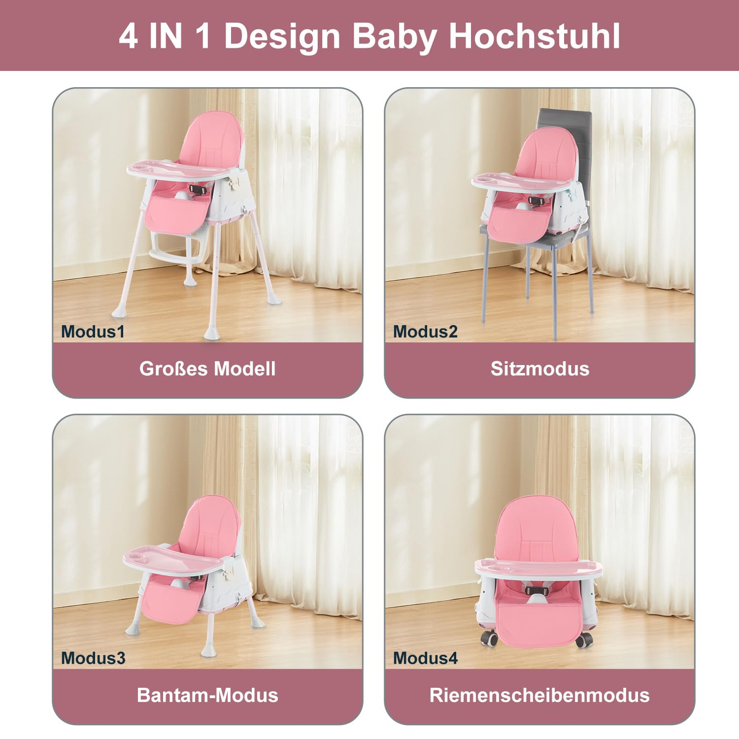 Trona ajustable 4 en 1, asiento de alimentación alto, silla de mesa para niños pequeños, trona con tabla de comedor y cinturón de seguridad de 3 puntos, rosa (rosa)