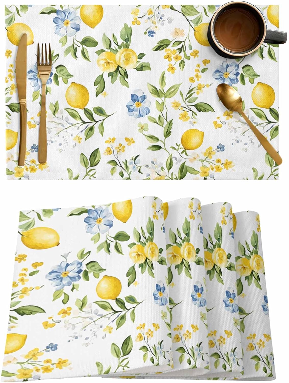 Lemon Tree Branch Placemats Set of 6 Yellow Blue Floral Fruit Eucalyptus Leaves 13x19 Inch Washable Non Slip Linen Table Mats, Rustic Summer Placemats for Dining Table Party Kitchen Decor