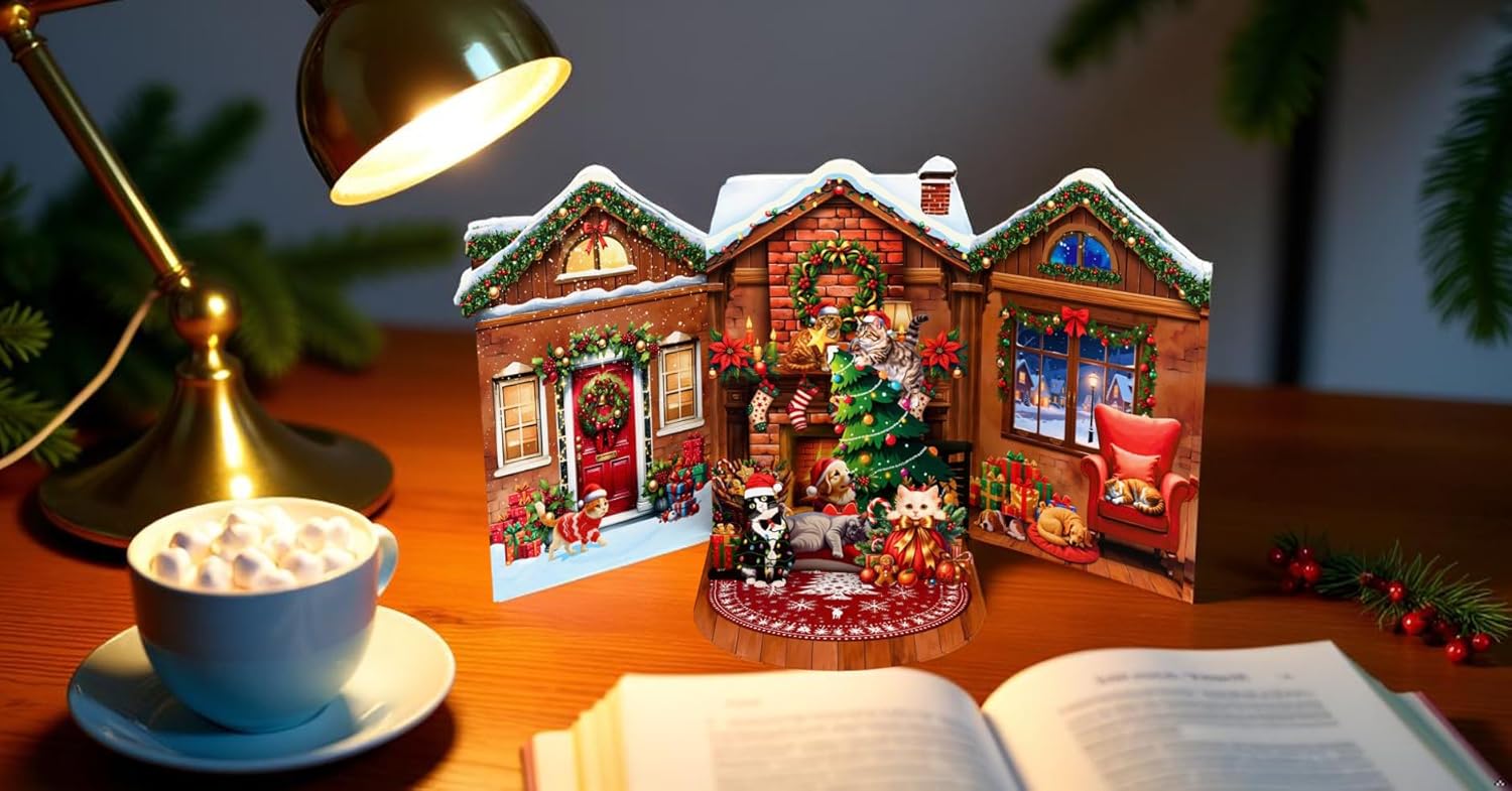 Cat Christmas Cards, Fireplace Pop Up Christmas Card, Xmas 3D Greeting Holiday Card for Cat Lovers, Happy Funny Fireplace Holiday Cards for Kids Mom Mother Women Wife Friends - Image 2