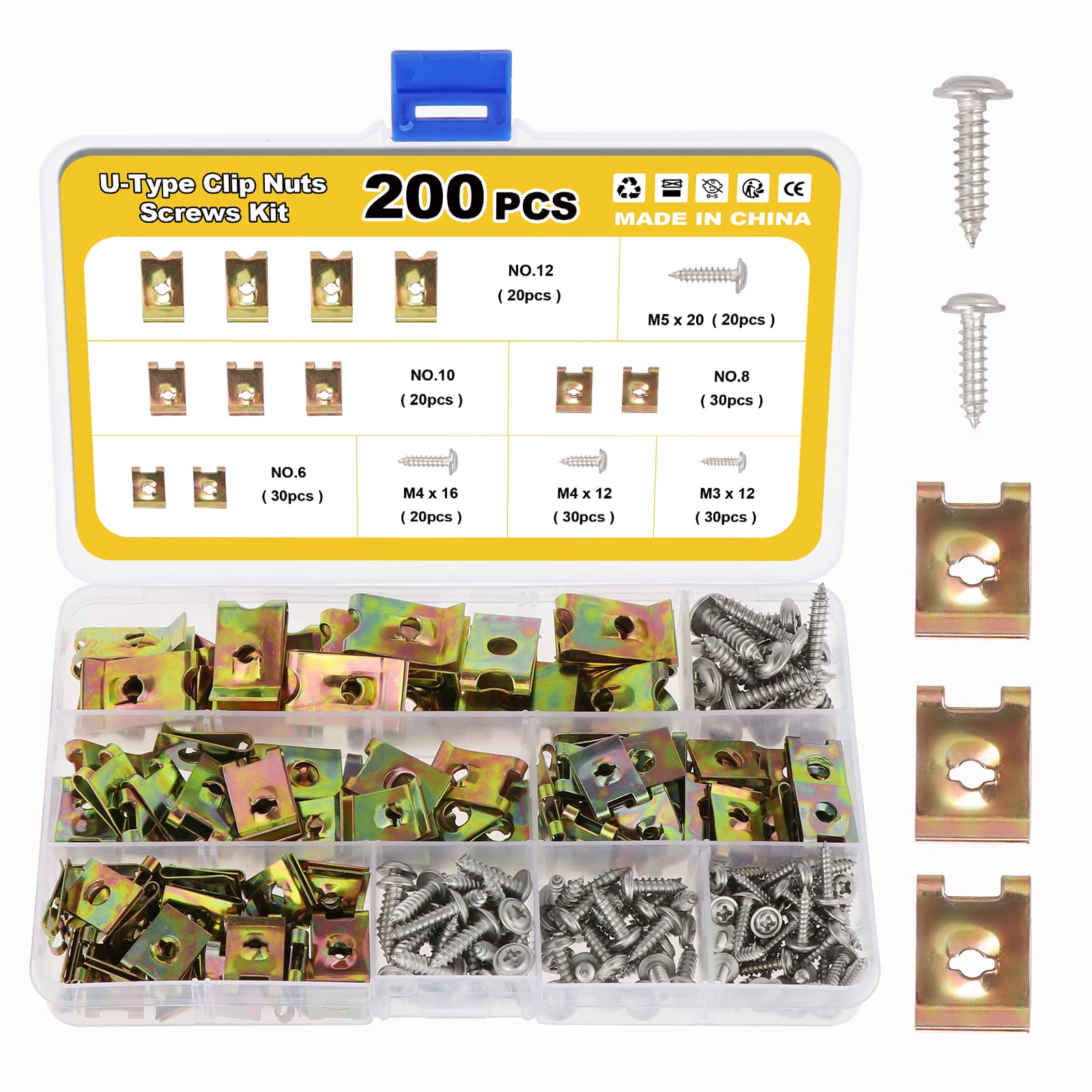 Gueenky 200 Pièces Agrafe Carrosserie, Ecrou Clip U Clips Vis Tole, Clips de Fixation Voiture Agrafe Vis Carrosserie Voiture pour Auto Moto