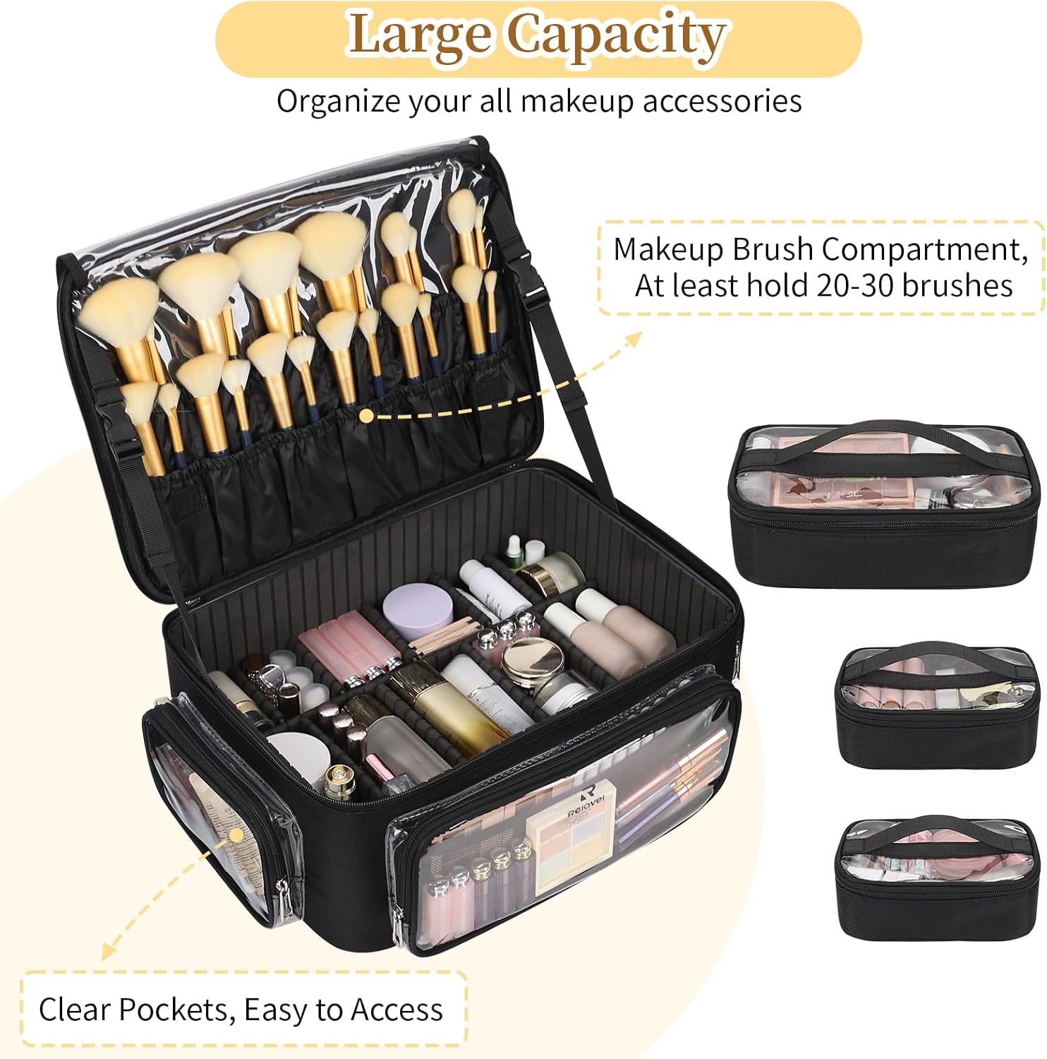 Bagmoly Large Makeup Case Cosmetic Organizer Box Brush Holder, Travel Makeup Train Case with 3 Clear Bags, Professional Makeup Artist Bag Cosmetic Case with Adjustable Dividers and Shoulder Strap - Image 3