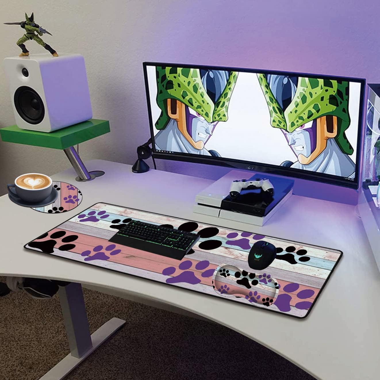 Extended Gaming Mouse Pad with Seam,Long XL Desktop Keyboard Pad,Suitable for Work/Game/Office/Home,Butterfly Wrist Rest Pad and Coaster,Rainbow Wood Grain Black and Purple Dog paw