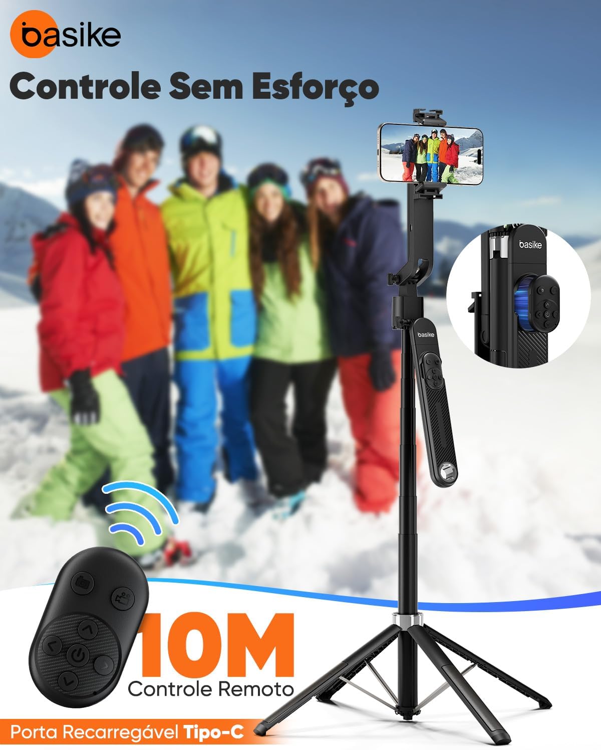 Basike BA-SPO256 Tripod with remote control and Type-C charging port highlighted