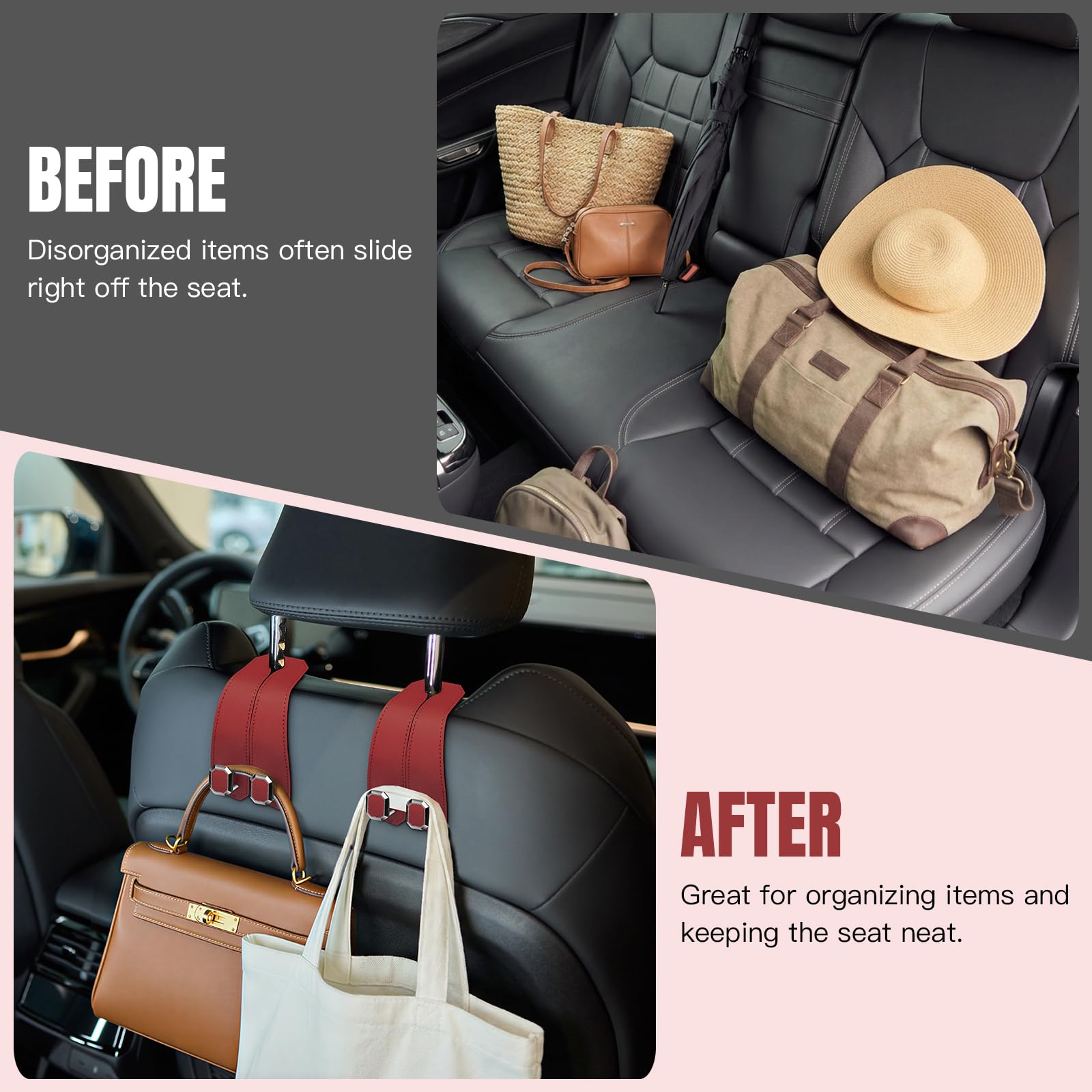 Lot de 2 crochets de sac à main pour appuie-tête de voiture, cuir synthétique, cristaux doubles en métal pour porte-monnaie, sacs à main, organiseurs et rangement de siège arrière de voiture