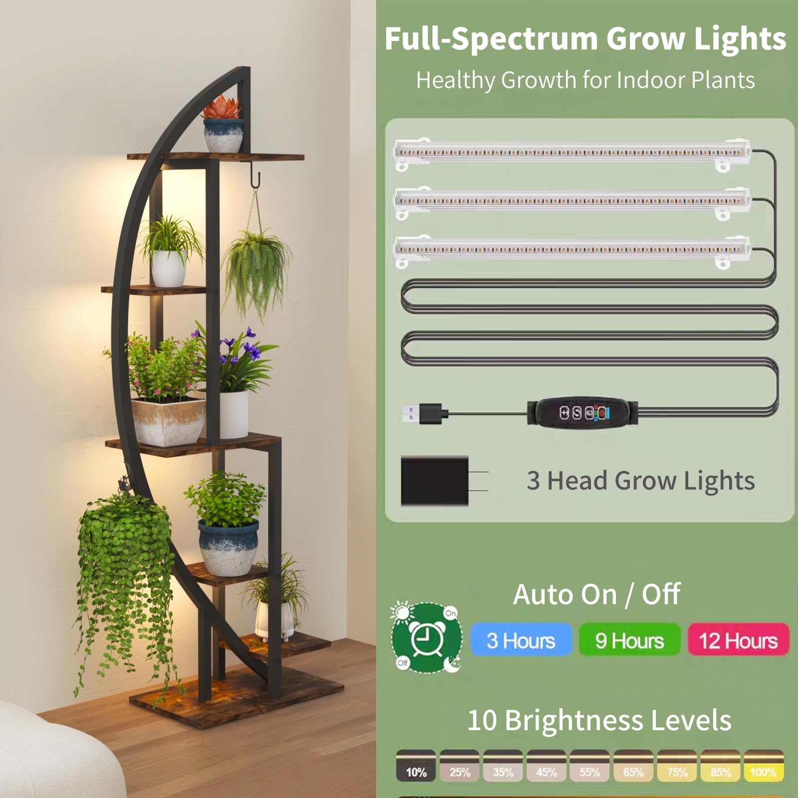 6 Niveaux Support de Plantes d'intérieur avec Lampe de Croissance, Grand Étagère pour Plantes Interieur 160cm Haut Support de Pot de Fleur en Métal pour Salon Couloir Balcon, 50x30x160 cm