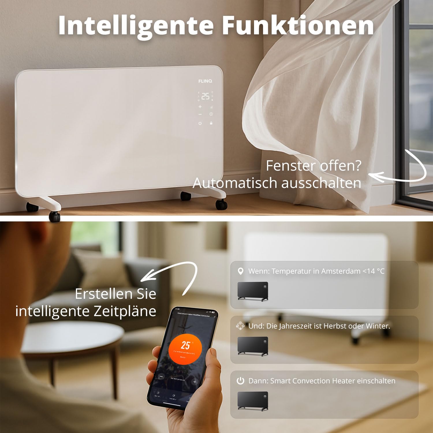FlinQ Smart Konvektor Heizung 2000W - 96 x 46 x 13 cm - Weiß