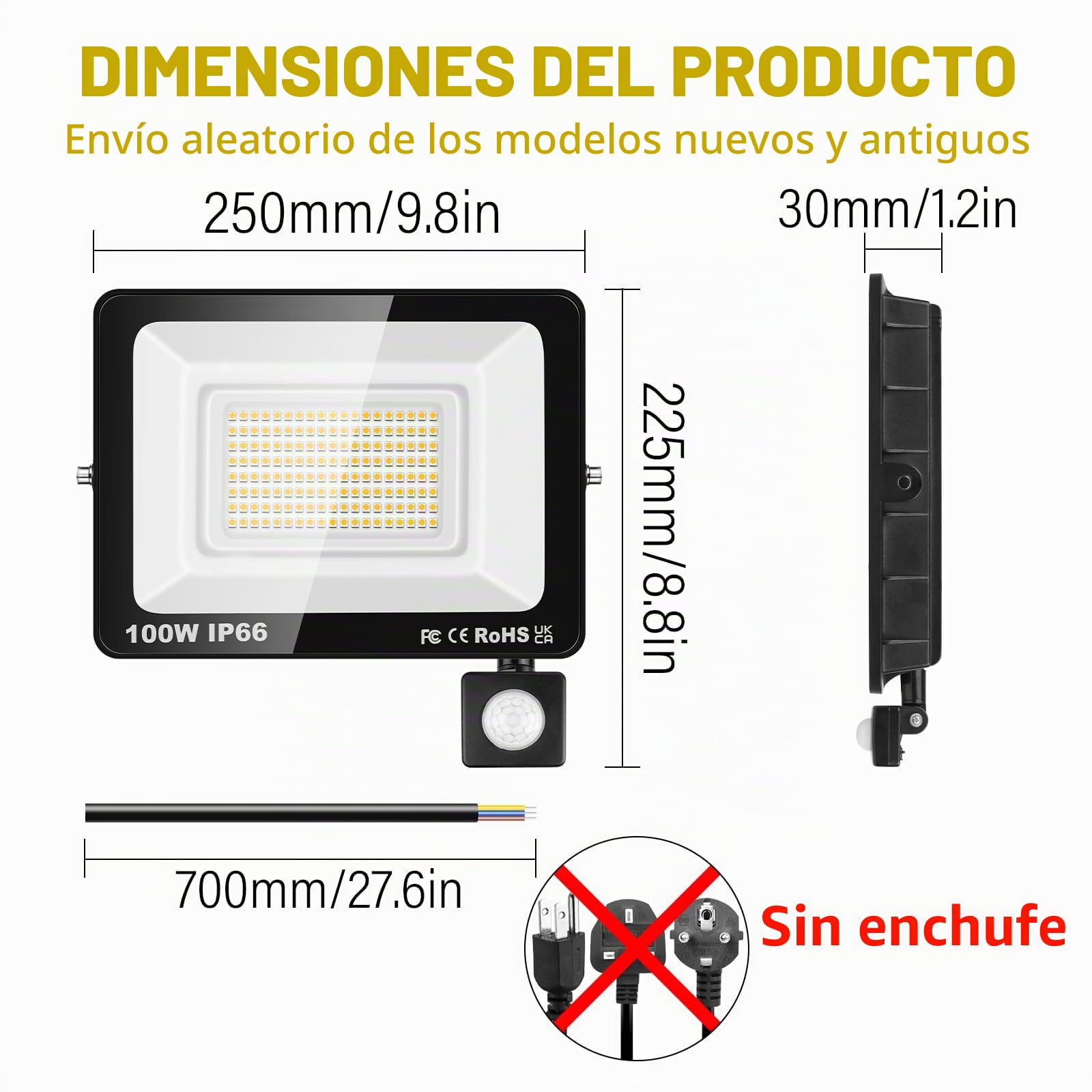 RIGIDON 2x 100W 10000lm focos led exterior con sensor movimiento PIR, 3000K | sin enchufe, blanco cálido, foco proyector, IP66 impermeable, seguridad, floodlight, para patio jardín garaje caminos entrada