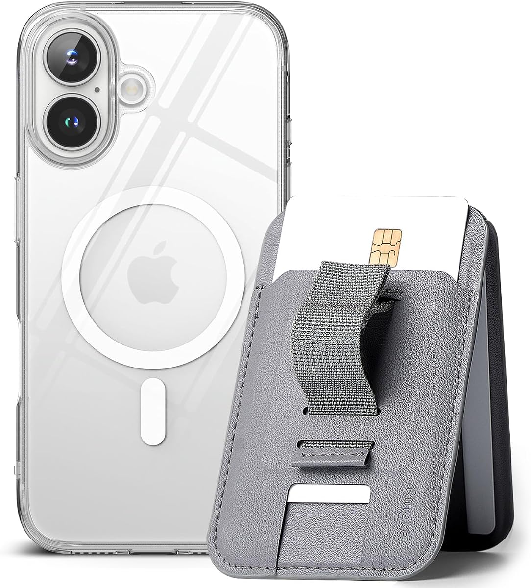 Ringke Fusion Magnetic Case Compatible with iPhone 16 Plus [Clear] + Stand Grip Wallet Magnetic Card Holder [Light Gray]