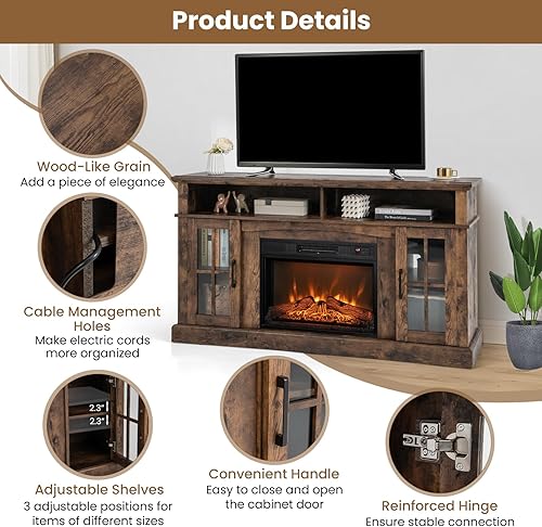 Miniatura 3 de GOFLAME Soporte de TV de 58 pulgadas con inserto de chimenea eléctrica, centro de entretenimiento con chimenea con armarios laterales y estantes