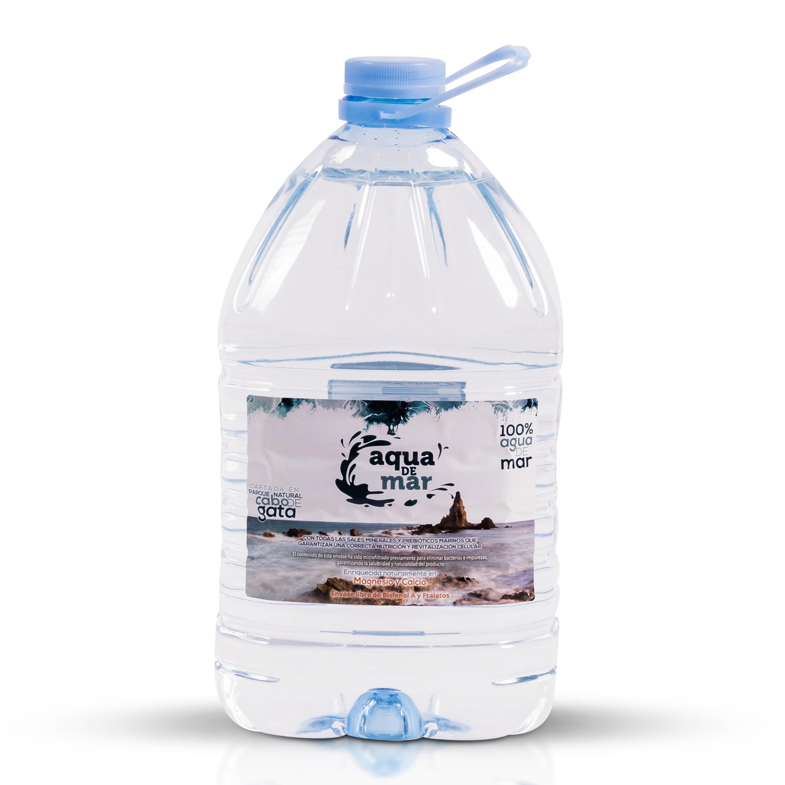 Eau de mer hypertonique 5 litres - Récipient plastique sans bisphénol A et phtalates - Aqua de mer - Multiples avantages - Captée dans le parc naturel de Cabo de Gata - Eau de mer à boire - Vizmaraqua