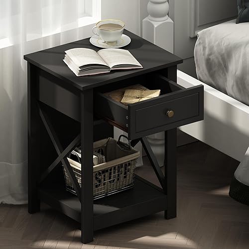 Miniatura 2 de Treocho Juego de 2 mesas auxiliares negras, mesita de noche moderna con diseño X, mesa auxiliar con almacenamiento abierto para lugares pequeños,