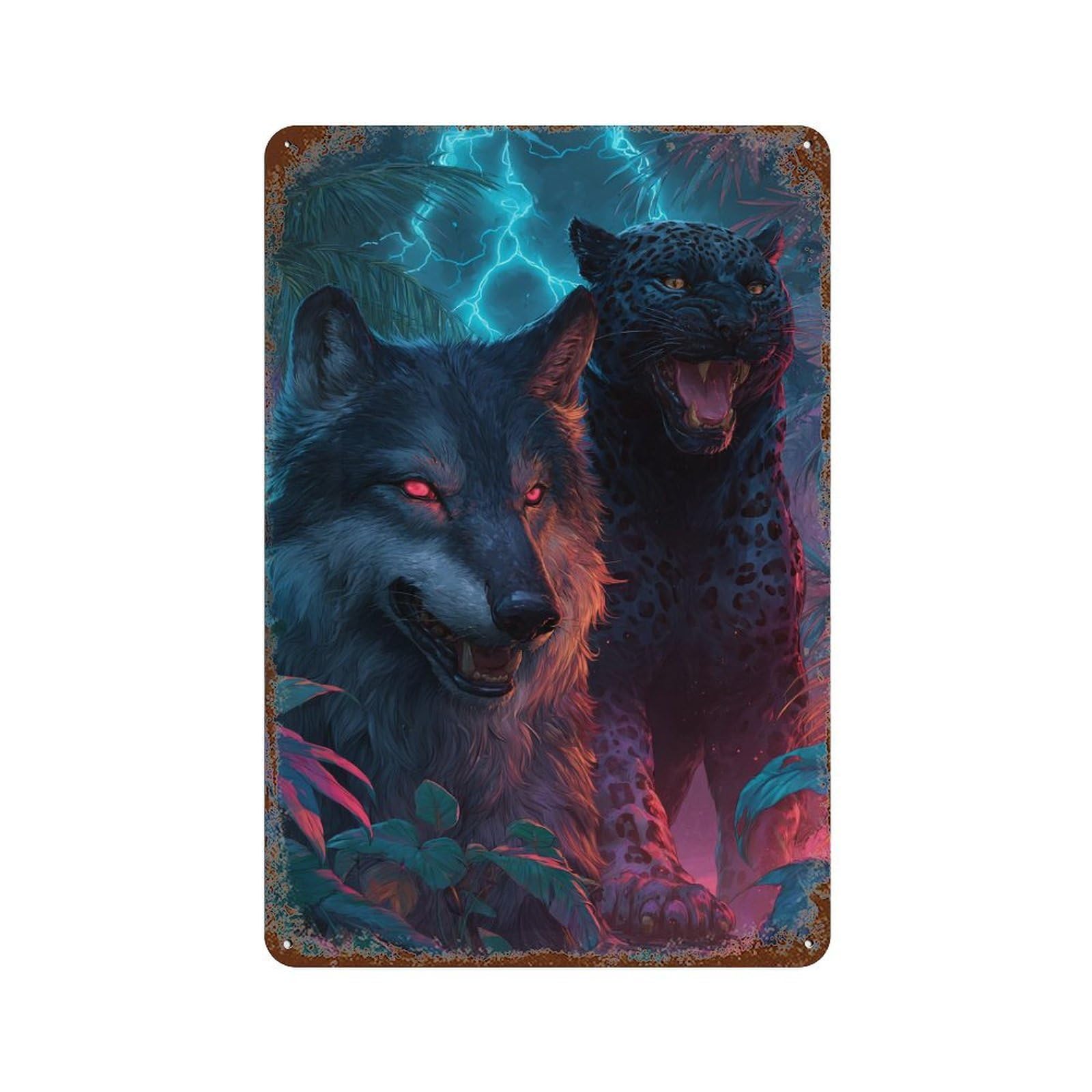 Rust Effect Jungle Roar Wolf Vs. Panther Weathered Tin Sign 11.8"x7.9", Shabby Chic Decor for Patio, Garden Room And Bar Decor