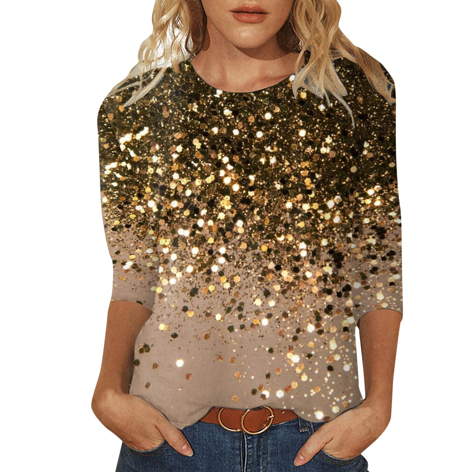 Femme Blouse à Paillettes à Manches 3/4 Hauts Sequins élégant Tuniques Pailletté Chemisiers Imprimées Blouse Casual Vintage T-Shirt Confortables Tunique Blouse