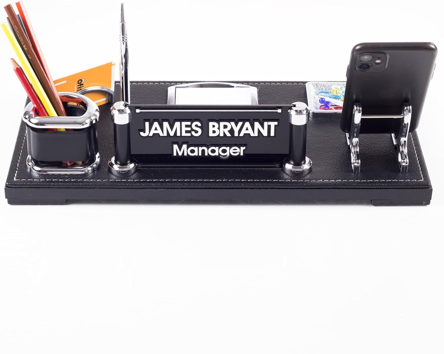 Personalized Black Desk Organizer Name Plate Leather Coating - Includes Pen Holder, Card Holder, and More