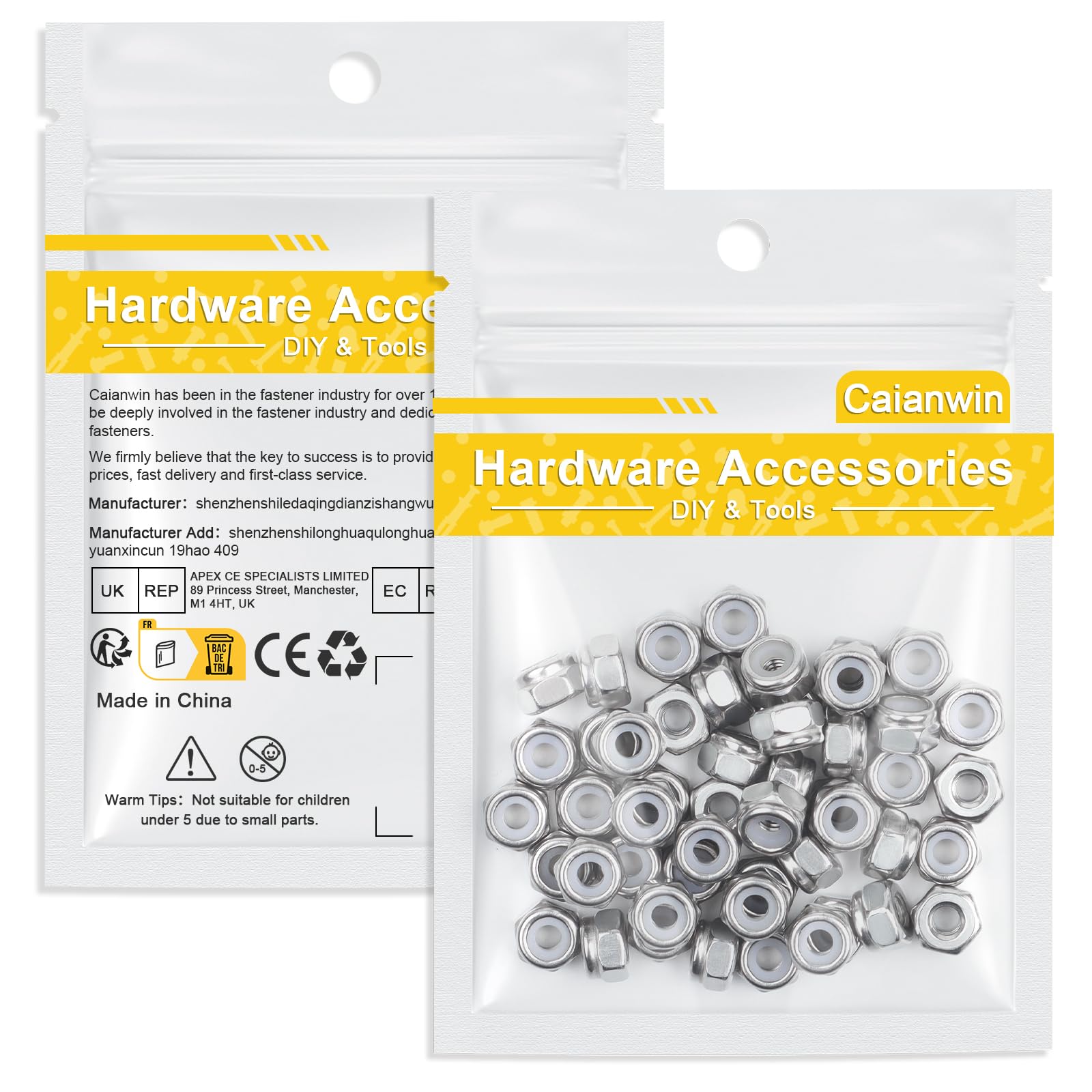 Caianwin 100 dadi di bloccaggio esagonali in nylon #8-32, in acciaio inox A2 304, dadi autobloccanti per elementi di fissaggio per costruzione industriale