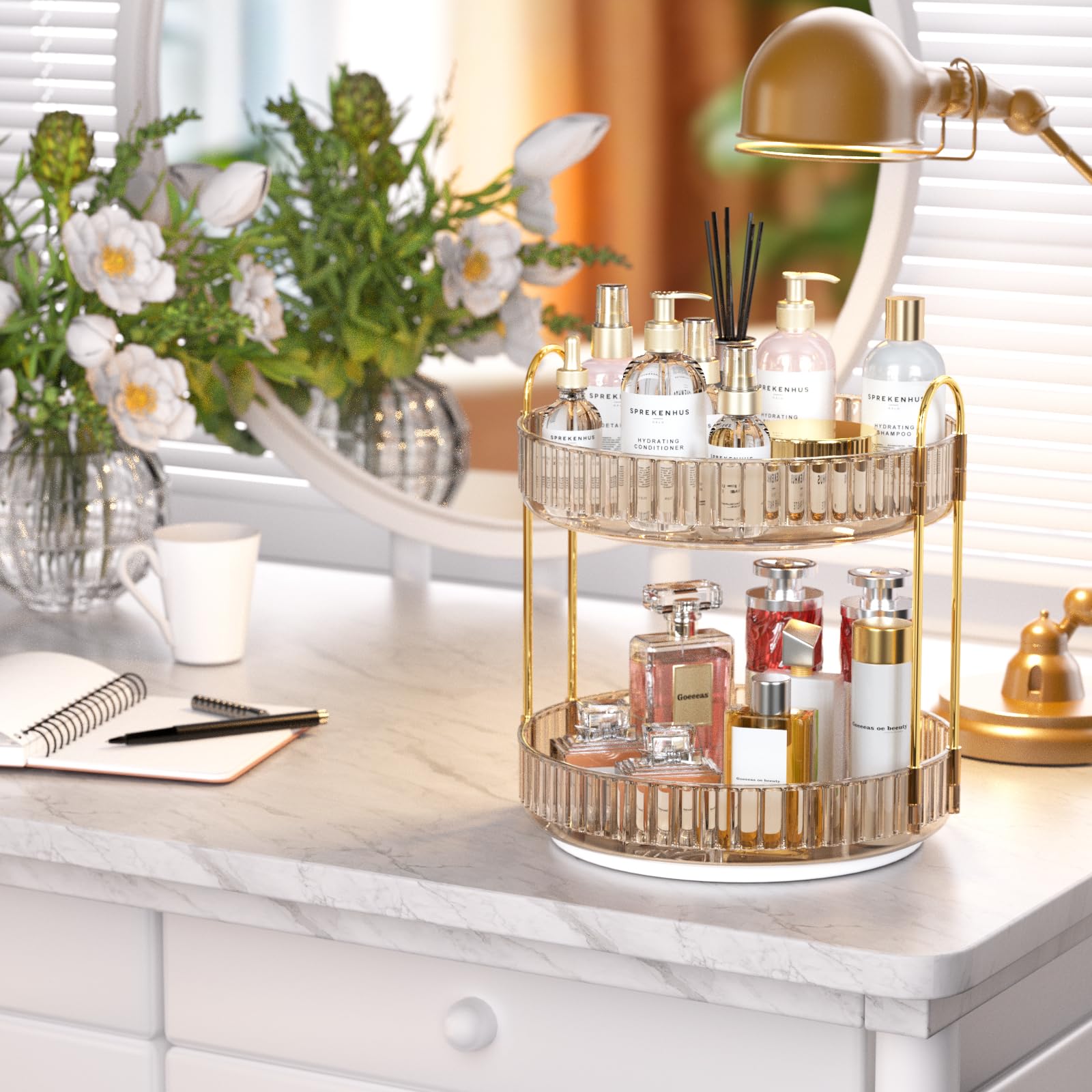 MOACC Make Up Kosmetik Organizer, 360° Drehbar Aufbewahrung, Schmink Organizers für Dresser Schminktisch Skincare Aufbewahrungssystem, 2 Schichten, Bernstein