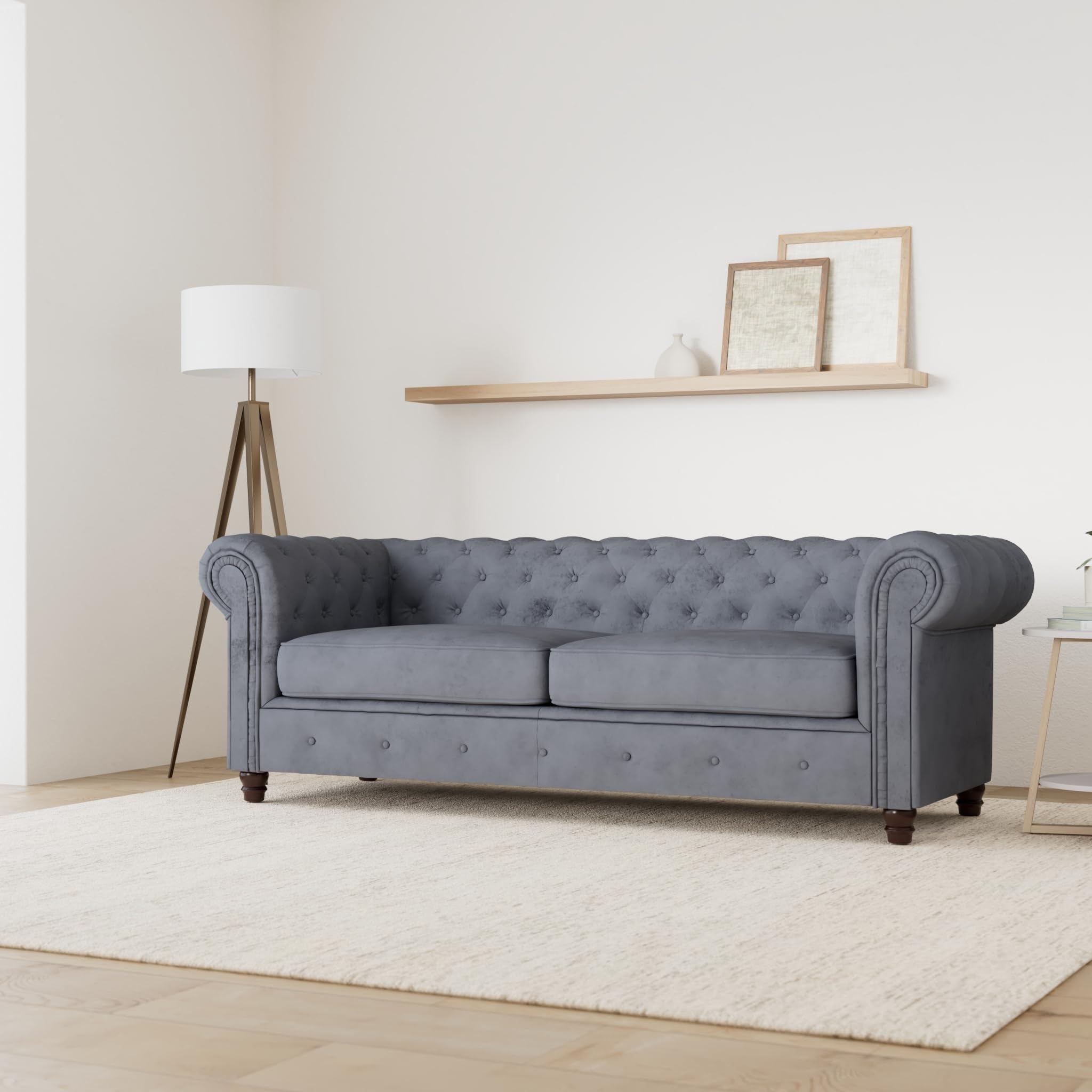 Sofnet - Sofa Chesterfield Asti 3-Sitzer (Grau, Velvet 10) | Couchgarnitur, Polstersofa, Glamour Design, Veloursstoff, Holzfüße, komfortabel für Wohnzimmer