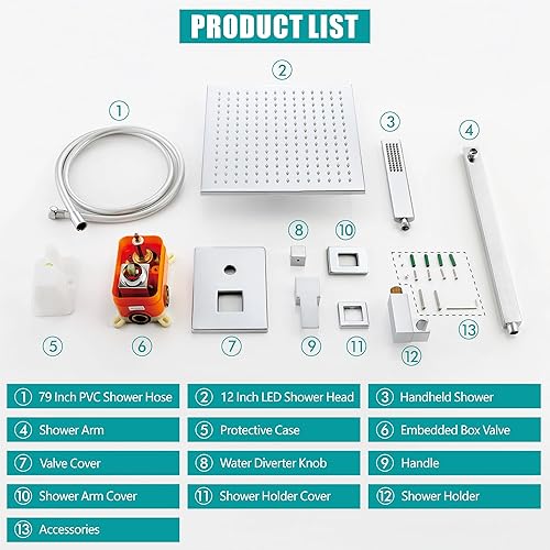 Miniatura 9 de SKOWLL Juego de grifo de ducha de baño LED de 12 pulgadas, sistema de accesorios de ducha de lluvia, juego de cabezal de ducha de montaje en pared