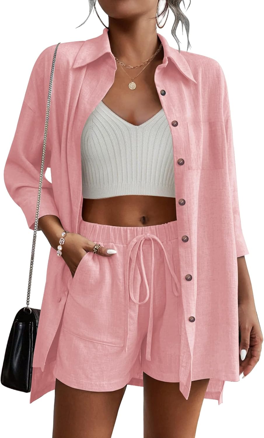 Beyove Women's Cotton Linen Set Casual Tracksuit Button Down 3/4 Sleeve Shirt Drawstring Shorts Pockets 2 Piece Lounge Set Large Light Pink