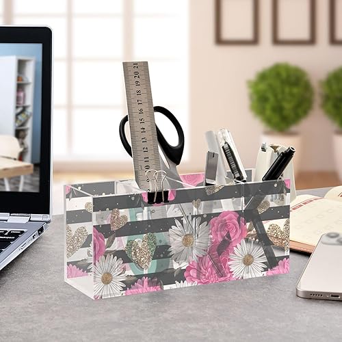 Miniatura 4 de CHIFIGNO Cute Pencil Cups for Desk, Black and White Striped Rose Daisy Pen Holders Marker Organizer, Acrylic Hair Brush Holder 4 Compartments for