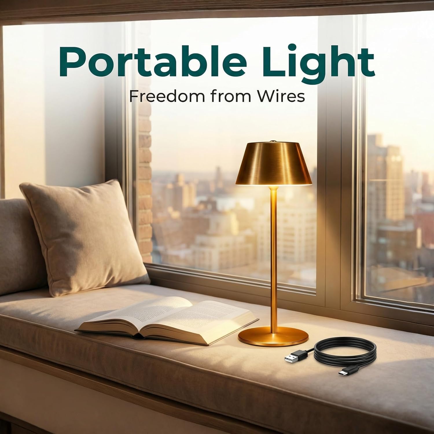 Gold Cordless Table Lamp, Premium All-Metal Brushed Wireless Rechargeable Lamp with Long Battery Life, No Assembly Accent Light for Dining Table, Living Room, Patio, Cafe & Bar