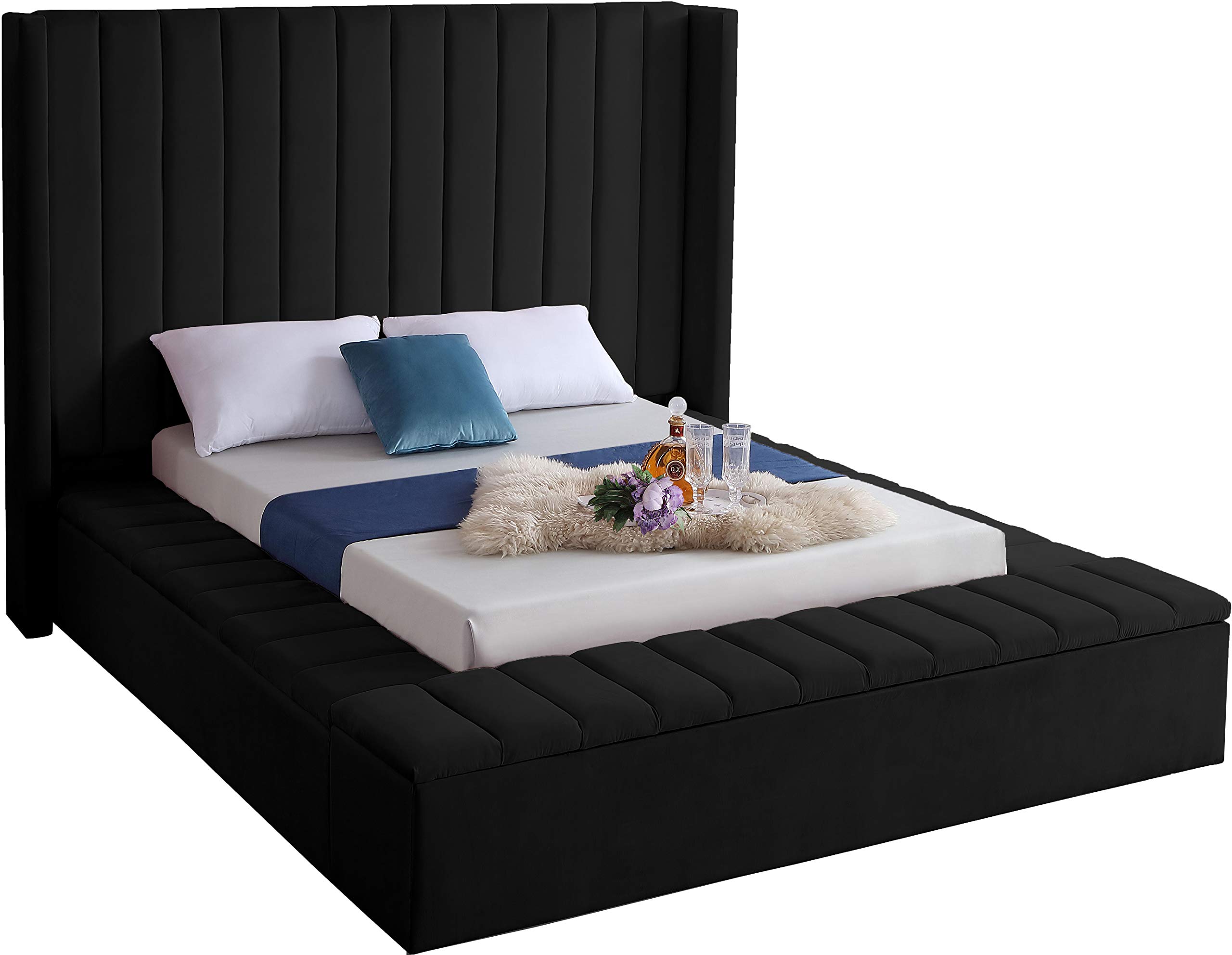 Meridian Furniture Kiki Collection Modern | Contemporary Velvet Upholsterd Bed with Channel Tufting, Siderails and Footboard Storage Compartments,