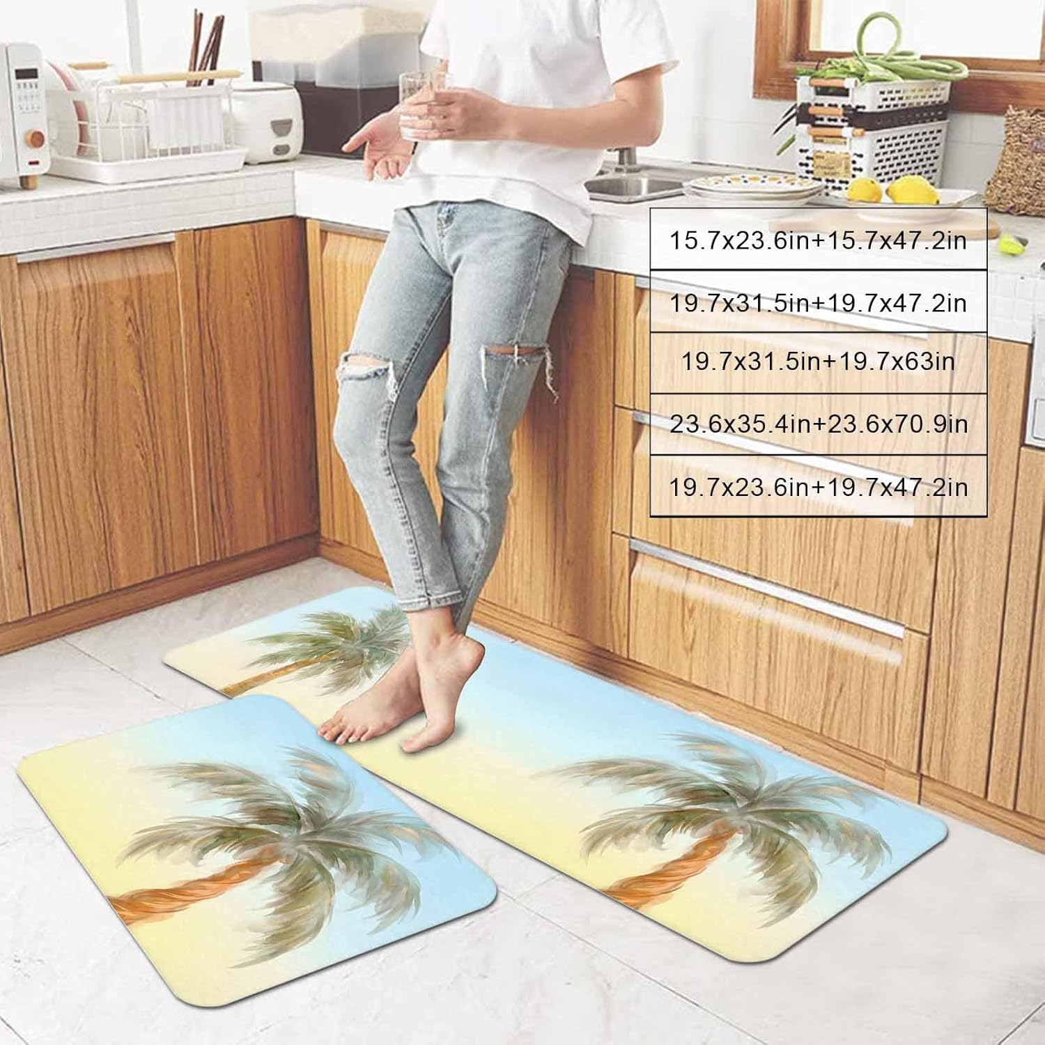 Prime Leader Summer Palm Tree Kitchen Mat Set 2 Pieces Coastal Tropical Plant Watercolor Texture Non Slip Kitchen Rugs Washable Runner Rug Mats for Floor Sink Laundry Office 19.7" x 31.5"+19.7" x 63"