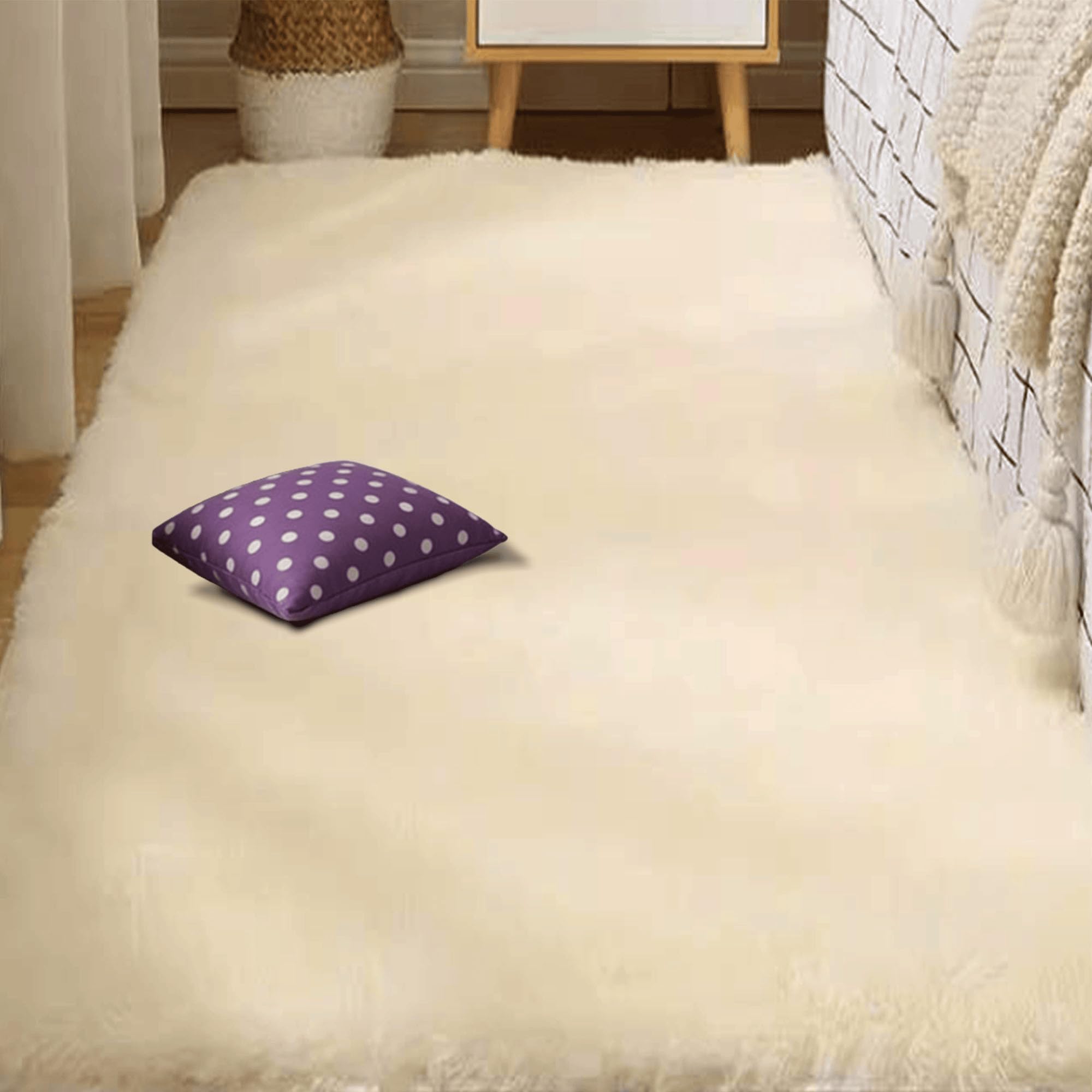 Tapis salon 120x140 cm crème lavable de design monochrome moderne pour la chambre et le couloir