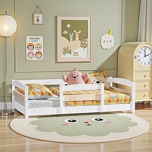 Miniatura 15 de Cama estándar para cuna, base de cama baja Montessori de madera con 2 entradas y barandillas seguras para niños y niñas, azul niebla Azul (Mist