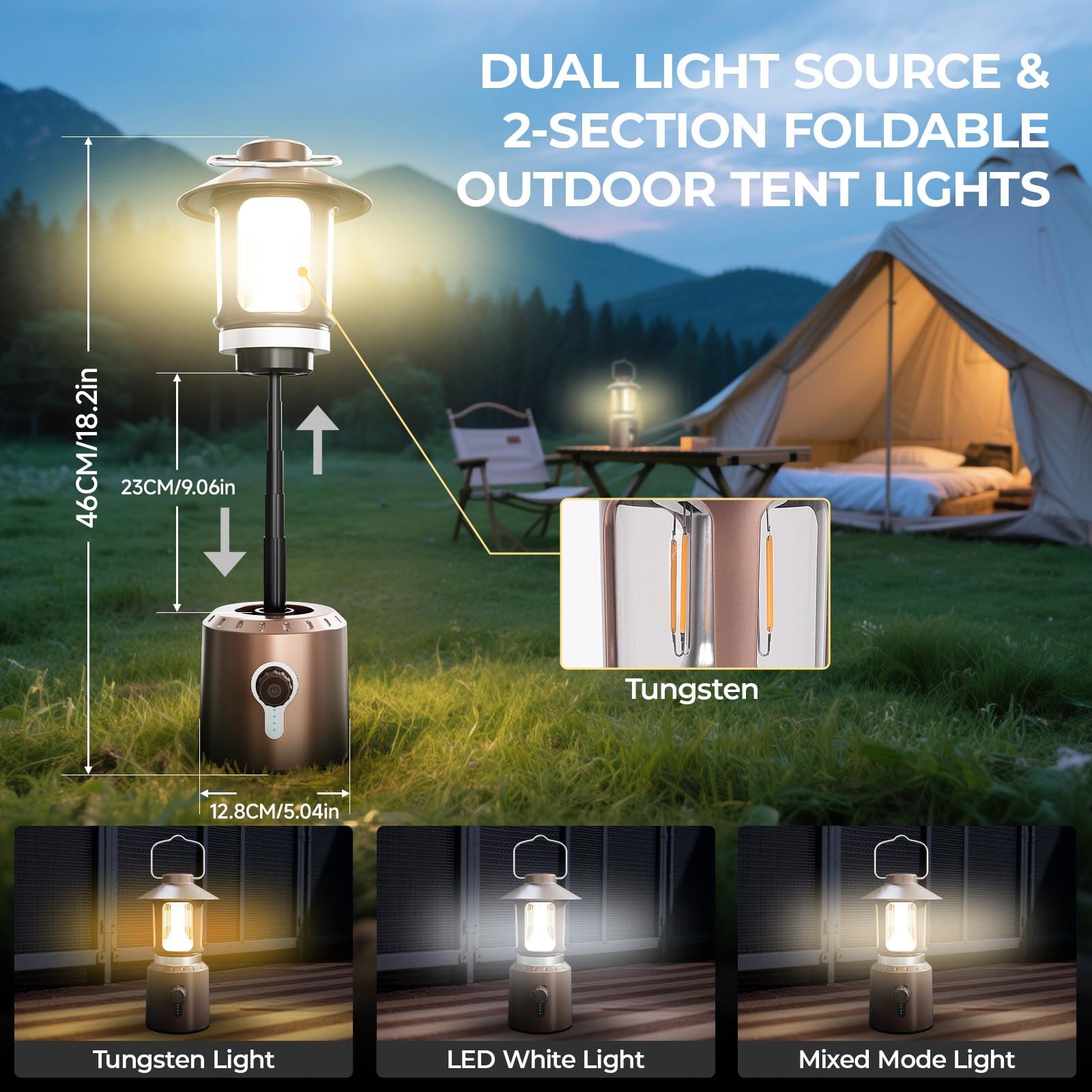 Camping-Laterne, wiederaufladbar, 8000 mAh batteriebetriebene Laterne, Taschenlampe, LED-Camping-Lichter mit 3 Lichtmodi (2000–6500 K), Teleskop-Laternen für Stromausfälle, Hurrikane, Wandern (Bronze)