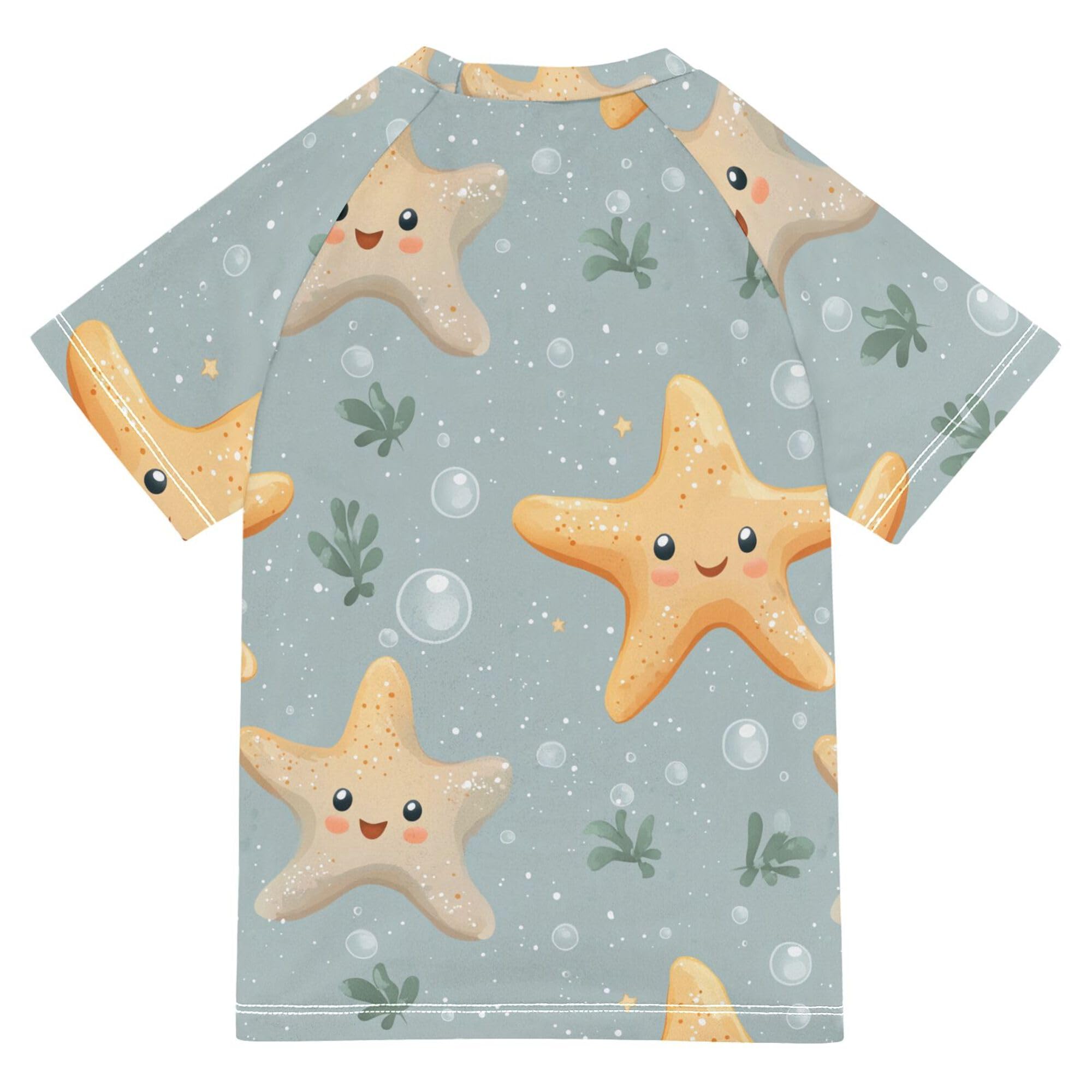 Wudan Cute Starfish Grey Kids Bathing Suits Girls Short Sleeves Rash Guard Swimsuit Swimwears Volleyball Shirts for Teen Boys 11-12Y