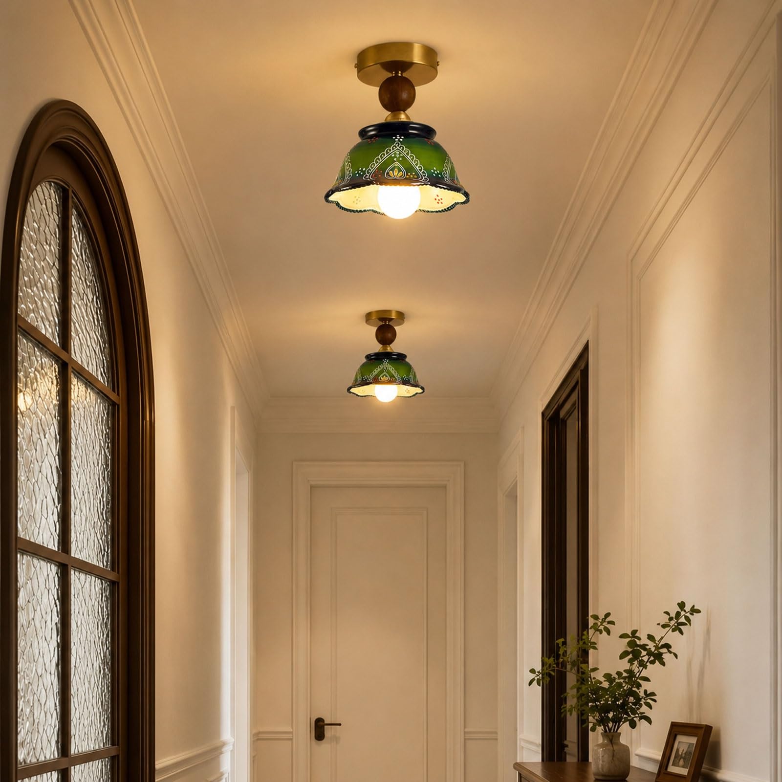 Zielona ceramiczna lampa sufitowa, zabytkowa oprawa sufitowa do montażu podtynkowego