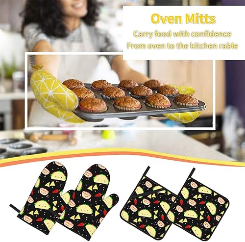 Miniatura 7 de Juego de 4 manoplas de horno y soportes para ollas con estampado de tacos Kawaii, guantes resistentes al calor para cocina, hornear, asar a la