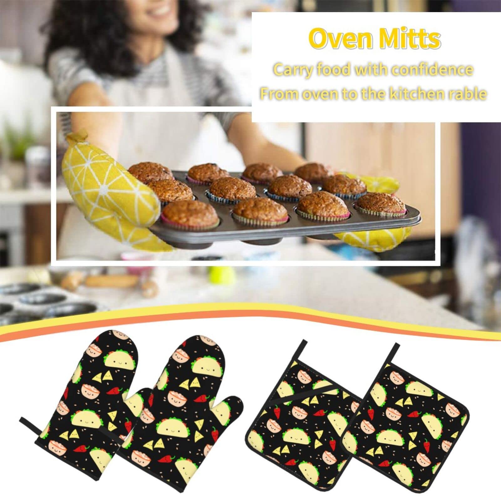 Juego de 4 manoplas para horno con temática de pizza y soportes para ollas, guantes resistentes al calor para cocina, hornear, asar y barbacoa