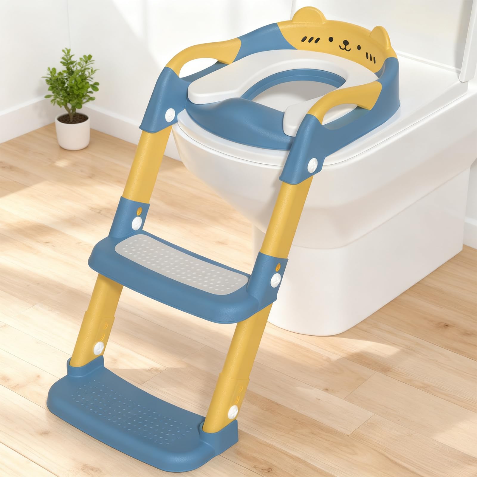 Potty Training Toilet Seat Toddler Toilet Seat with Step Kids Toilets Steps for Toddlers Child Baby Boy Girl Anti Splash Soft Cushion Handle Adjustable Potty Training with Ladder in Bathroom, Blue