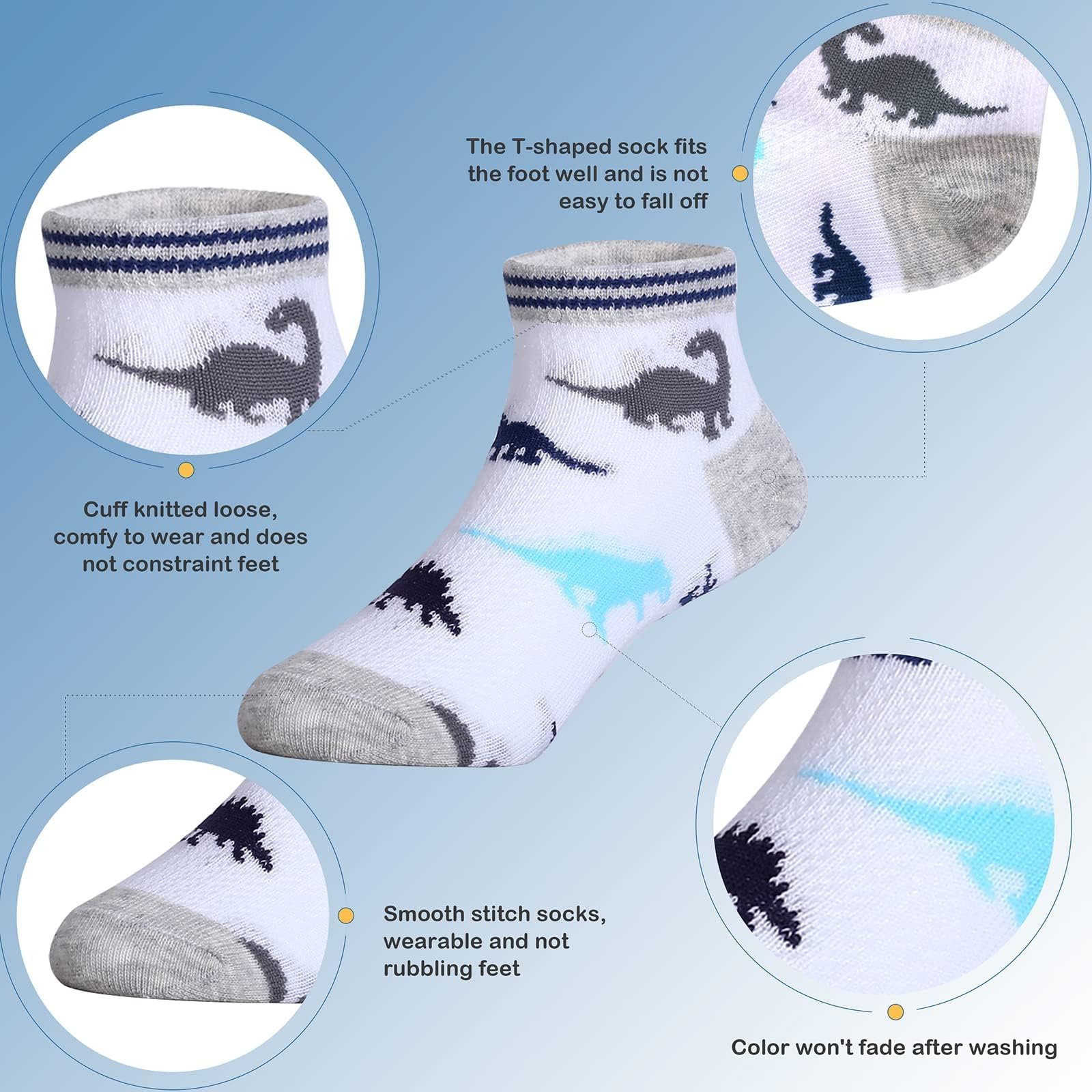 CHUNG Calcetines tobilleros de algodón para niños, paquete de 5/10 unidades, corte bajo, malla de dinosaurio, 2-9 años, peso ligero, para la vuelta a la escuela, correr, deportes, casual