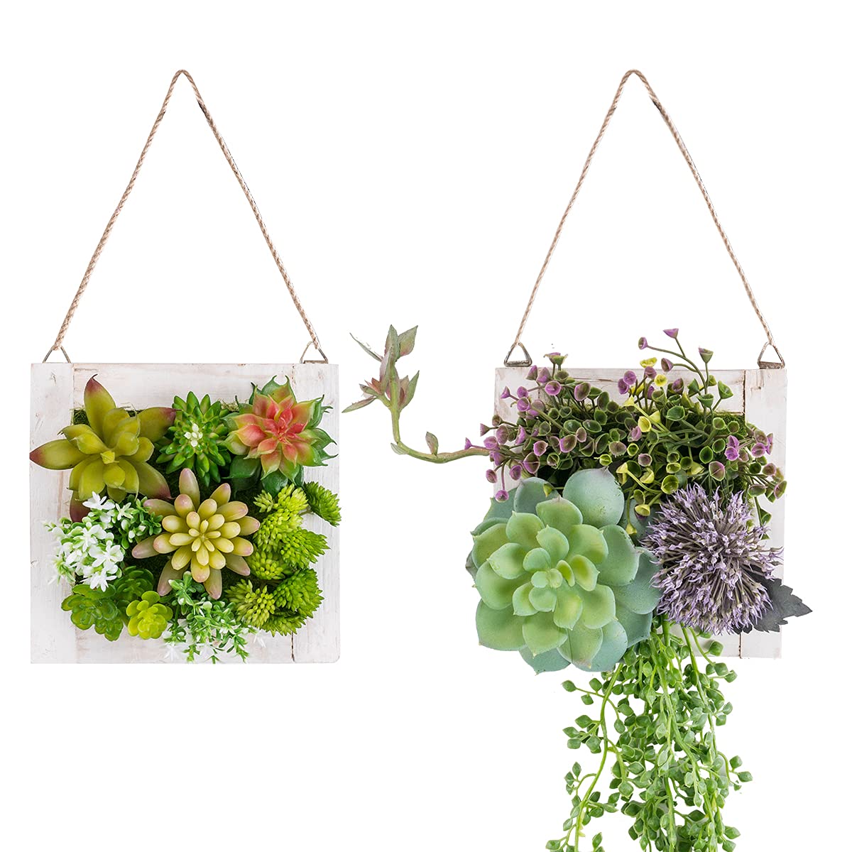 C&Z Hanging Wall decorative Artificial Plants for Home Decor Indoor Succulents Plants Artificial in Wooden Frame 3D Greenery Wall Art Decor Faux Plants for Living Room Nursery Backdrop(Set of 2)