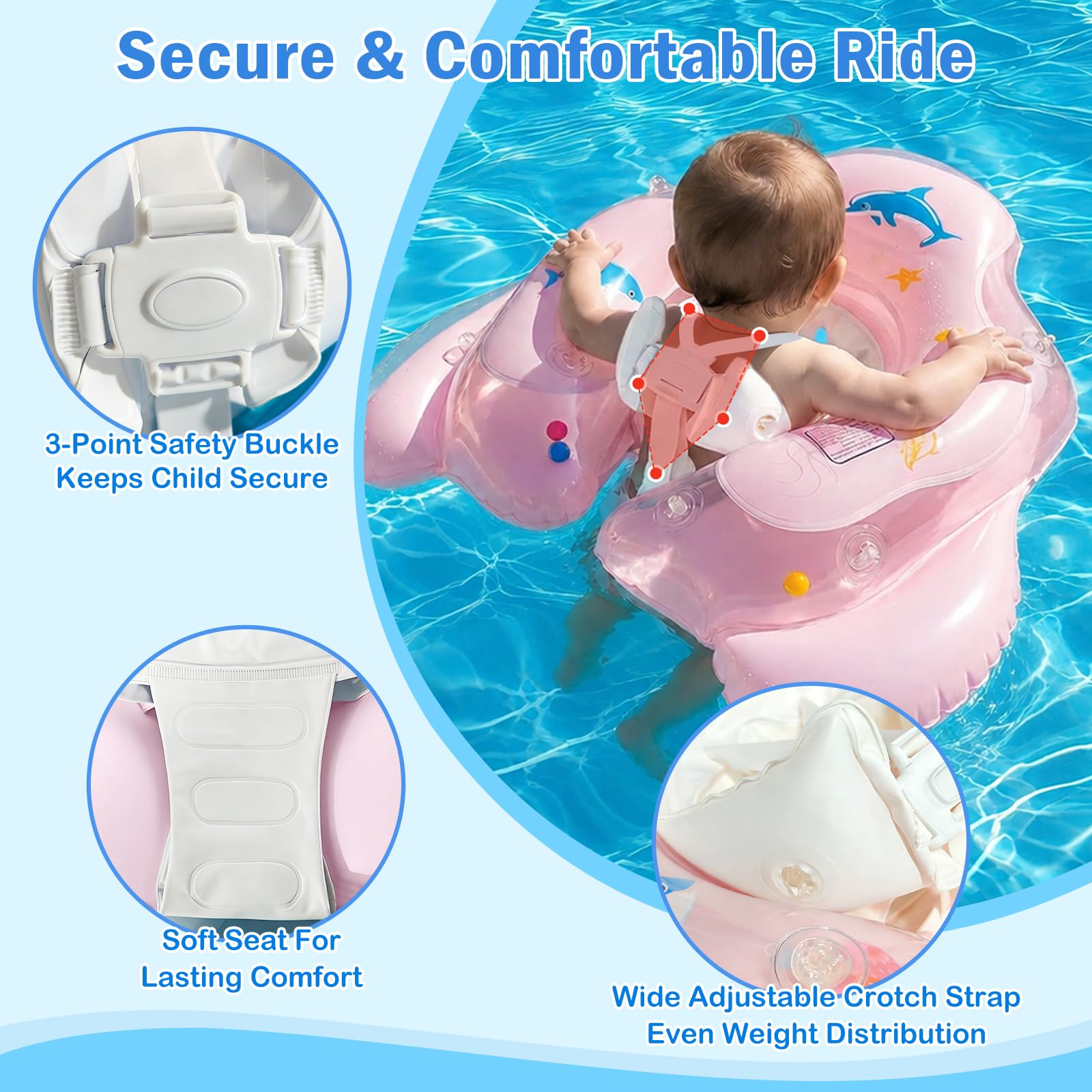 Flotador de Bebé con Toldo Solar, Tiburón Rosa para Niños 12-36 Meses, Flotador de Piscina Hinchable con Cámaras Elevadas Antivuelco y Arnés de Seguridad