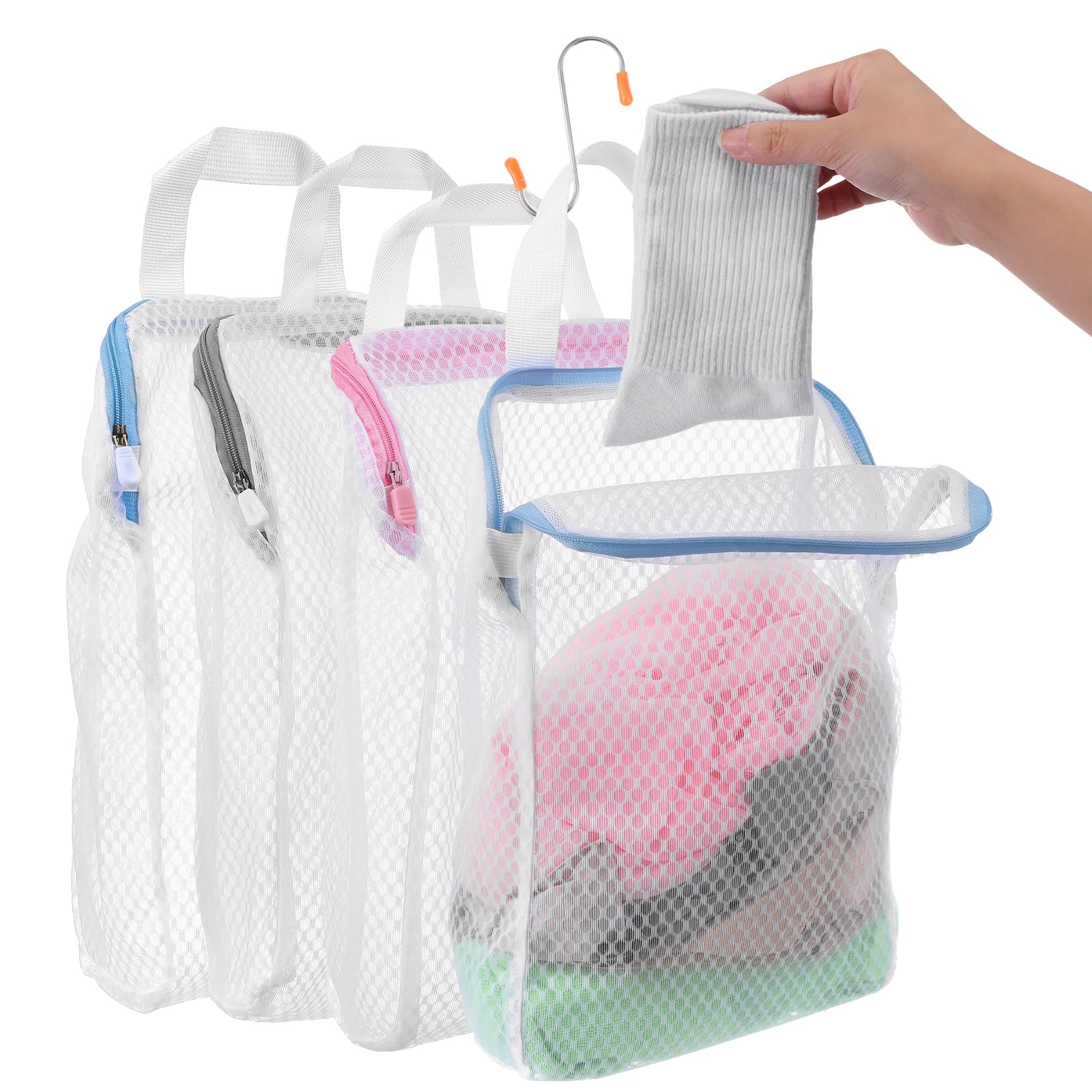 3Pcs Hanging Sock Laundry Bag with S Hooks, 3 Color Zipper Laundry Bags Mesh 11.8 x 15.7Inch Washing Bags for Washing Machine