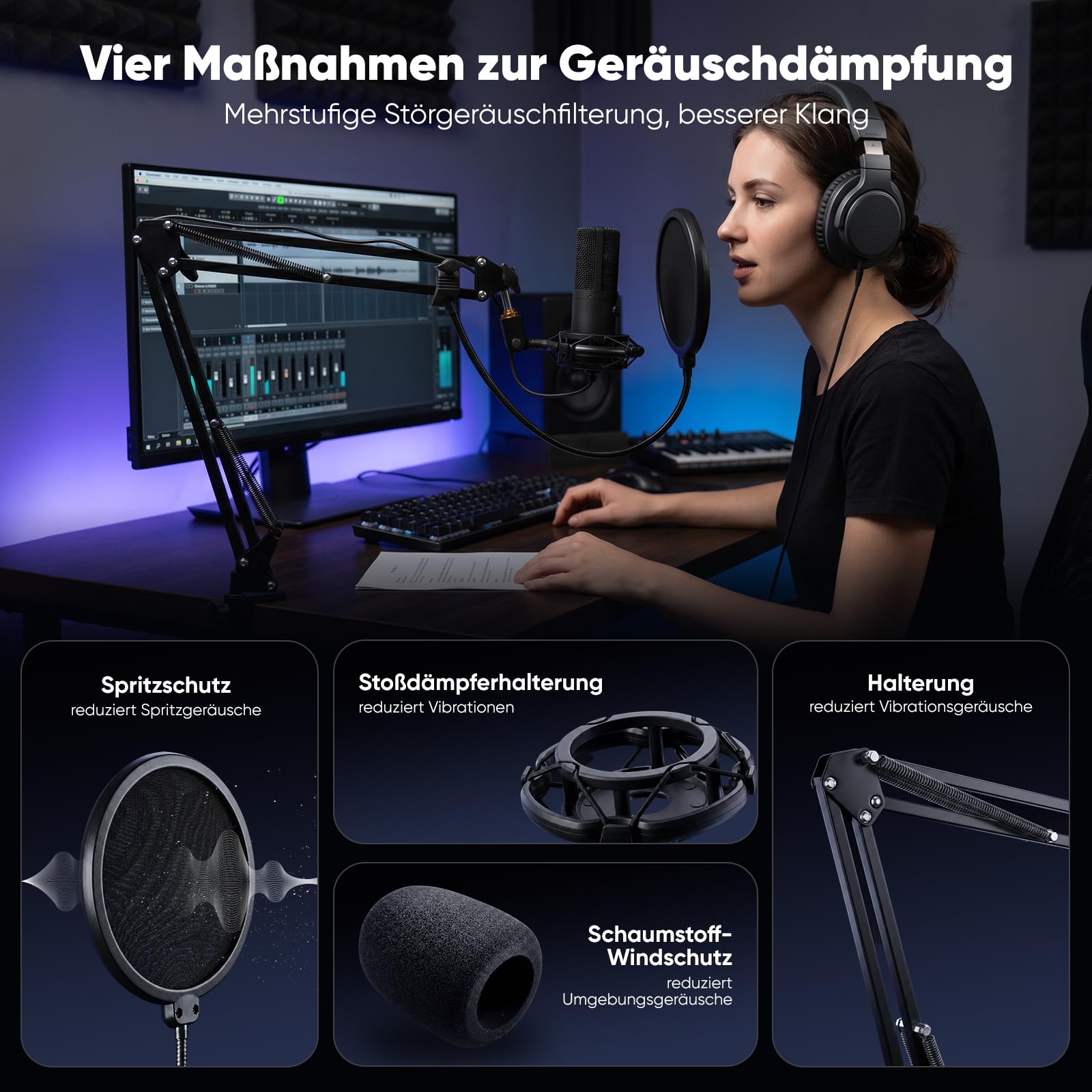 FIFINE Streaming Mikrofon PC mit Arm, USB Mikrofon PS4 PS5, Microphone für Gaming Podcast Studio, Popfilter, Shock Mount