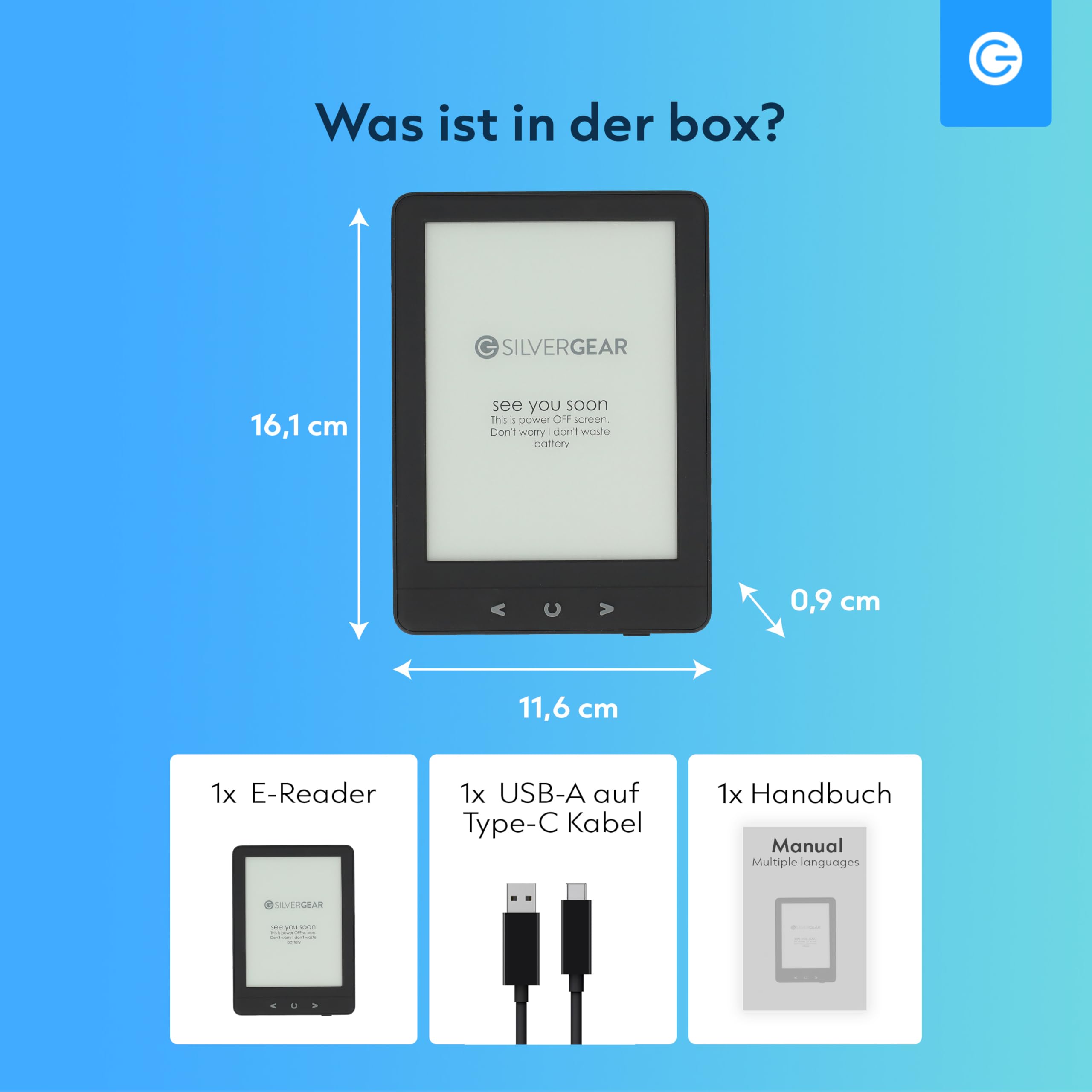 Silvergear® Ebook Reader Gerät mit Hintergrundbeleuchtung | 6-Zoll E-Ink-Touchscreen | 4 GB Speicher für 3000+ E-Books | Pocketbook | Blendfrei und Leicht | Schwarz