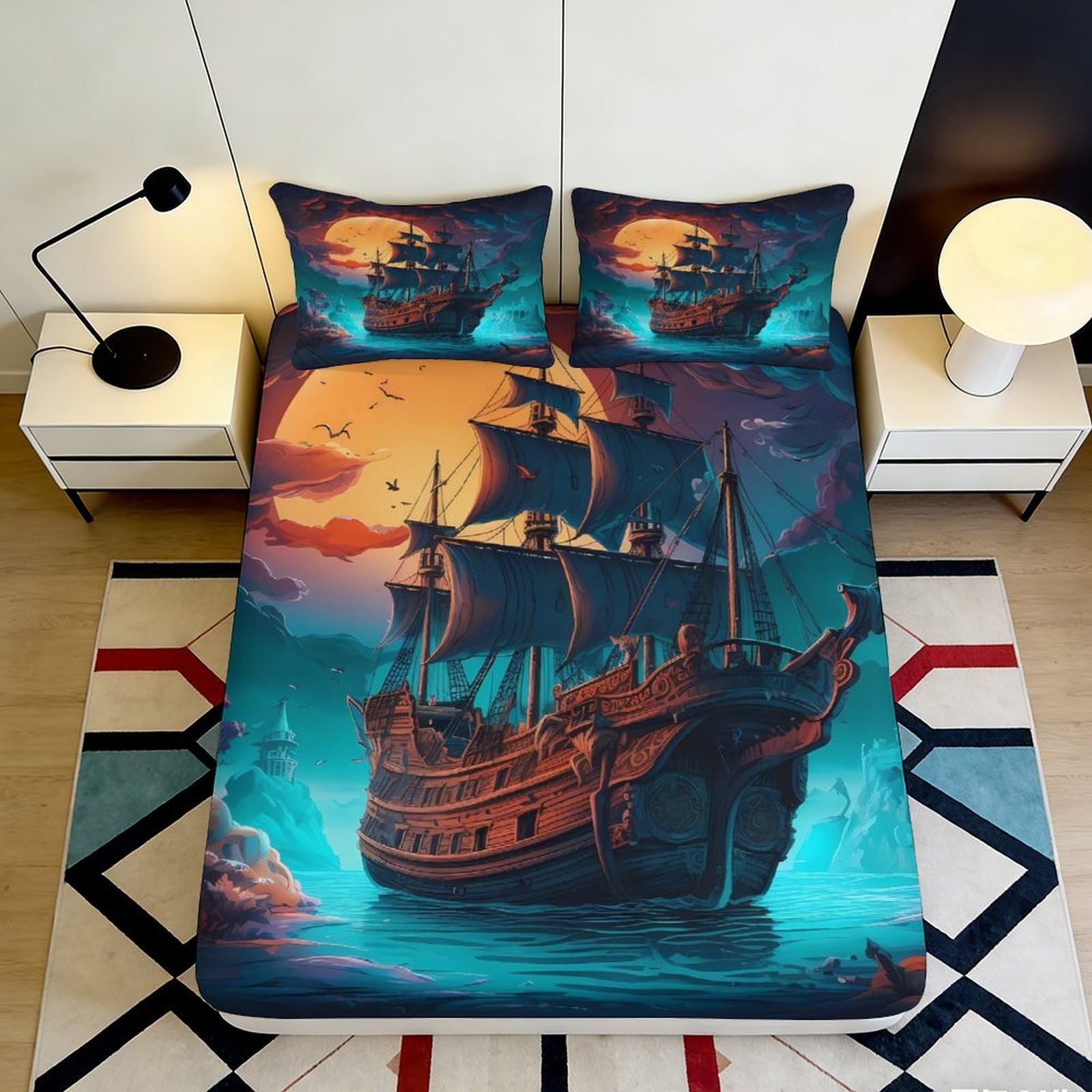 3D Printed Pirate Ship Sunset Fitted Sheet Microfiber Soft Mattress Cover Non Slip for Bedroom Dorm Room Decor 160x200x25cm