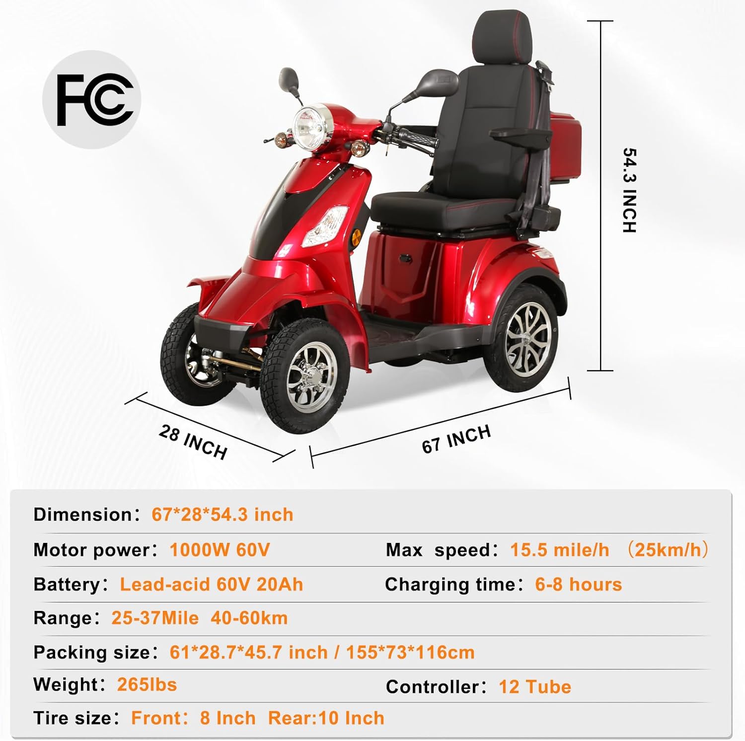 Detailed views of the front compartment, rear trunk, and anti-slip pedal of the cabirty HS4W-A2R Mobility Scooter.