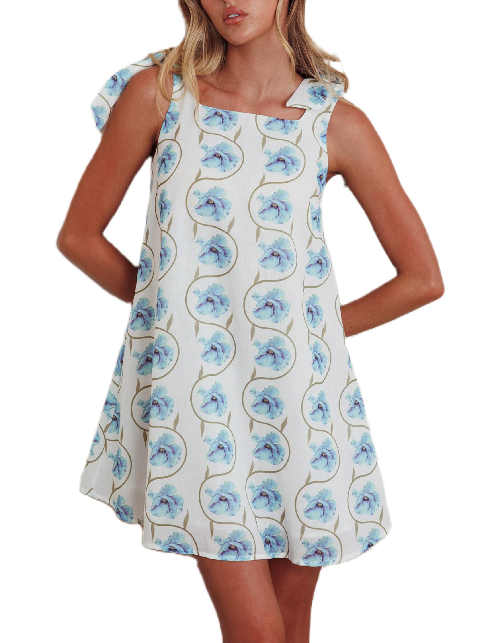 Women Boho Floral Mini Dress Tie Shoulder Babydoll Dress Square Neck Flowy Sundress Summer Going Out Dresses