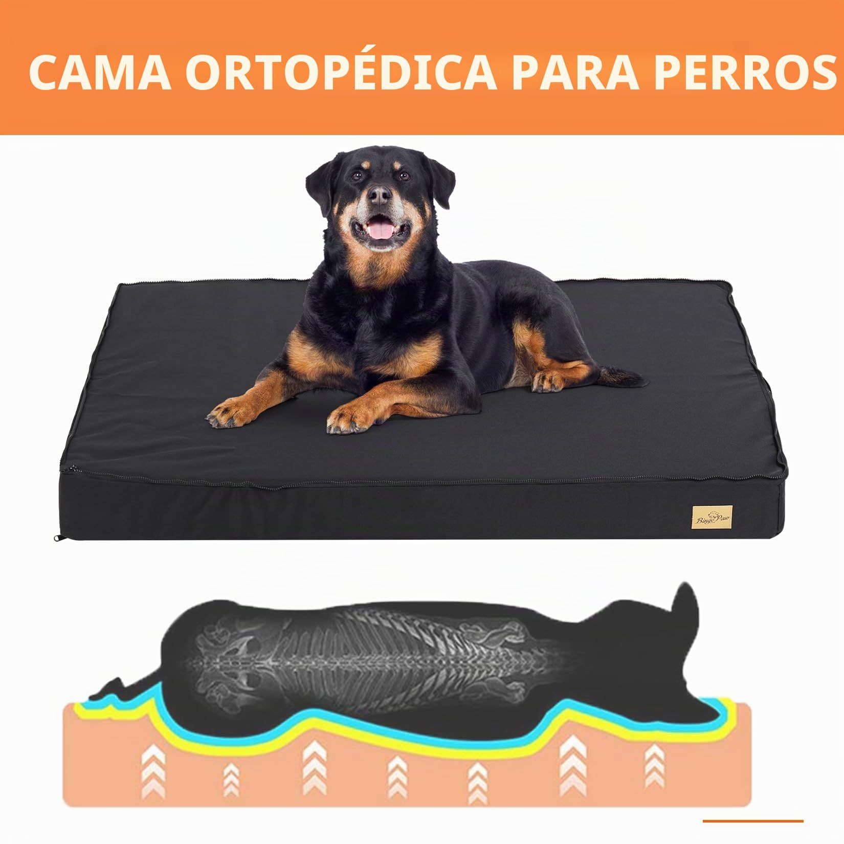 BingoPaw Cama Perro Grande XXL: Colchoneta Colchon Perro Ortopedico 120x75x10 cm Impermeable con Funda Desenfundable y Lavable con Top de Manta de Felpa Desmontable con Cierre para Invierno Verano