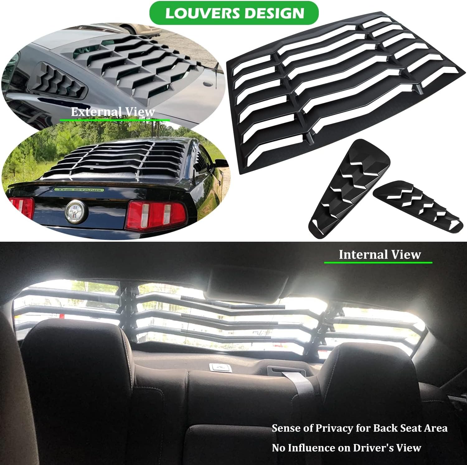 Bonbo Rear+Side Window Louver Fits for Ford Mustang 2005-2014 in GT Lambo Style Custom Fit Windshield Sun Shade Cover ABS (Matte Black)