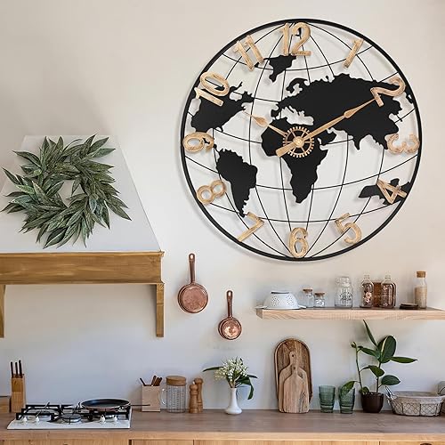 Miniatura 7 de Reloj de pared grande de 24 pulgadas para decoración de sala de estar, reloj de pared de metal silencioso con mapa del mundo con números arábigos