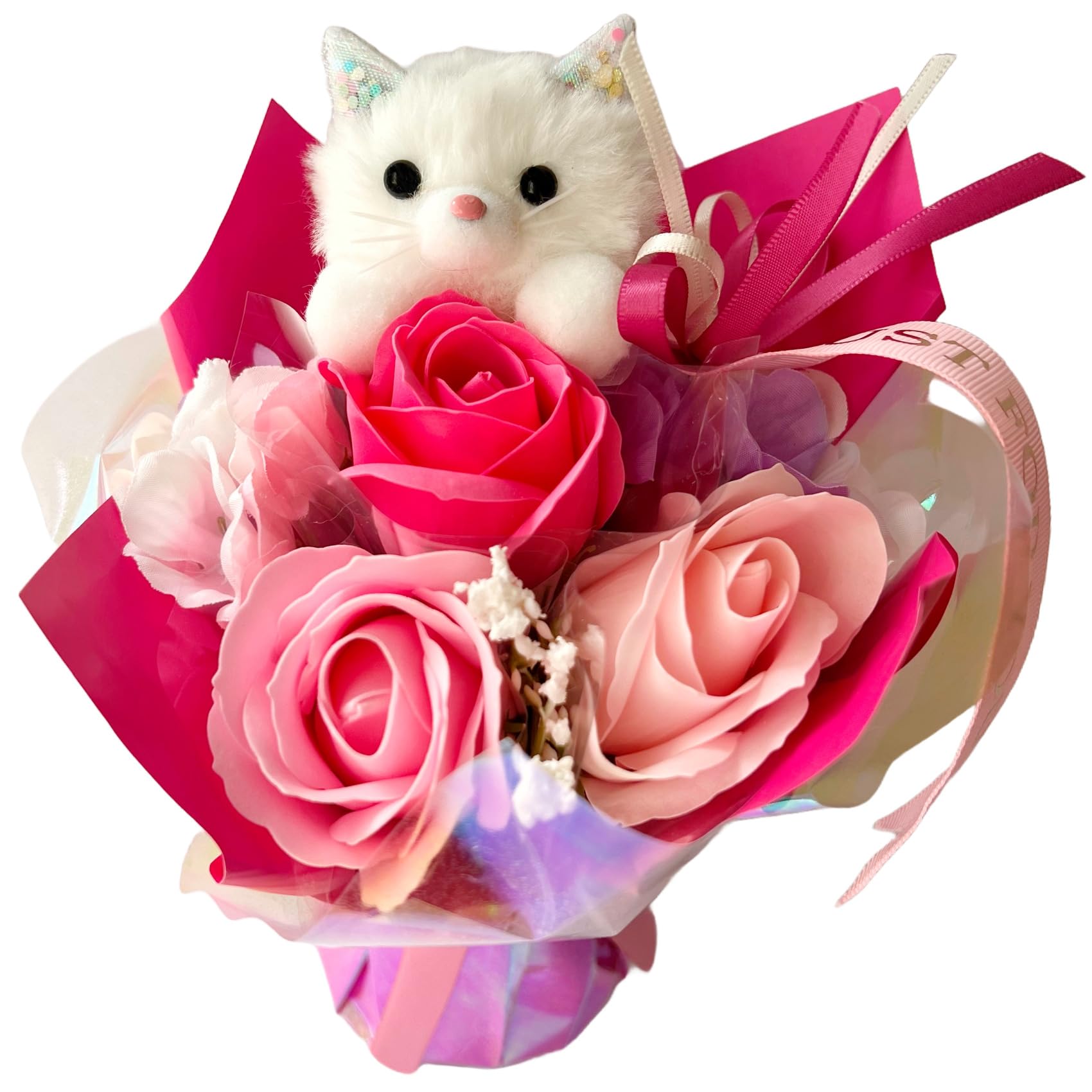 ノア 花 プレゼント ソープフラワー ギフト 花束 贈り物 造花 (ねこ/ホワイ…