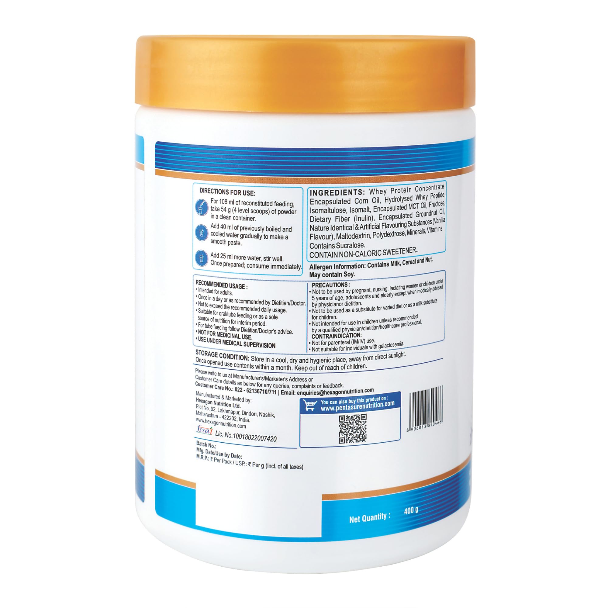 PentaSure 2.0 High Protein High Calorie | Lean Mass Gainer Powder | Weight Gain Supplement with Vitamin & Mineral | Vanilla flavor - 400g | 34.7g Protein per 100g