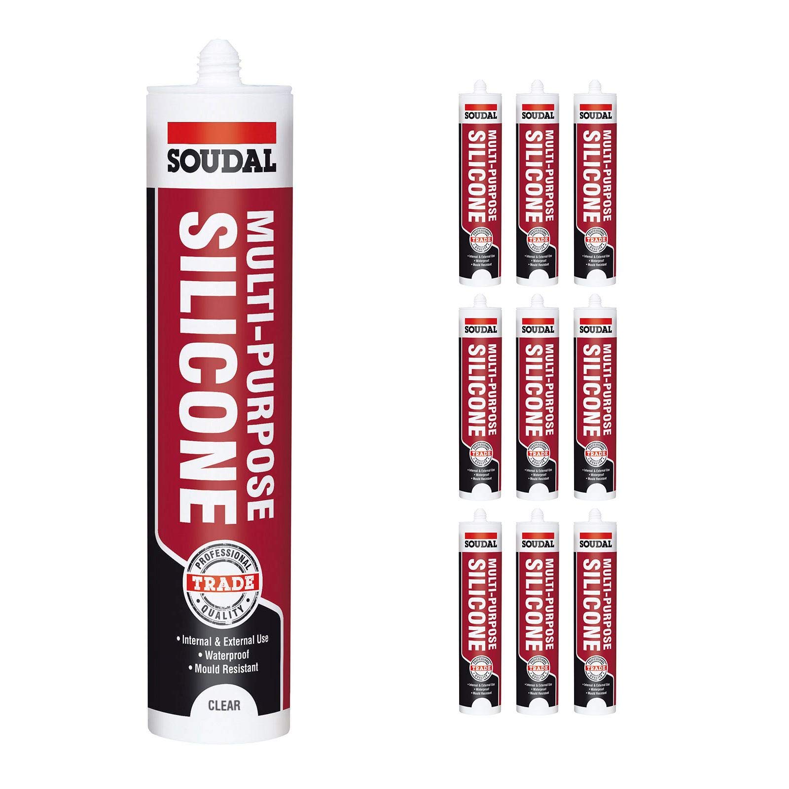 9 x Clear Soudal Trade Silicone Multi Purpose Construction Sealant Acetoxy with Fungicide